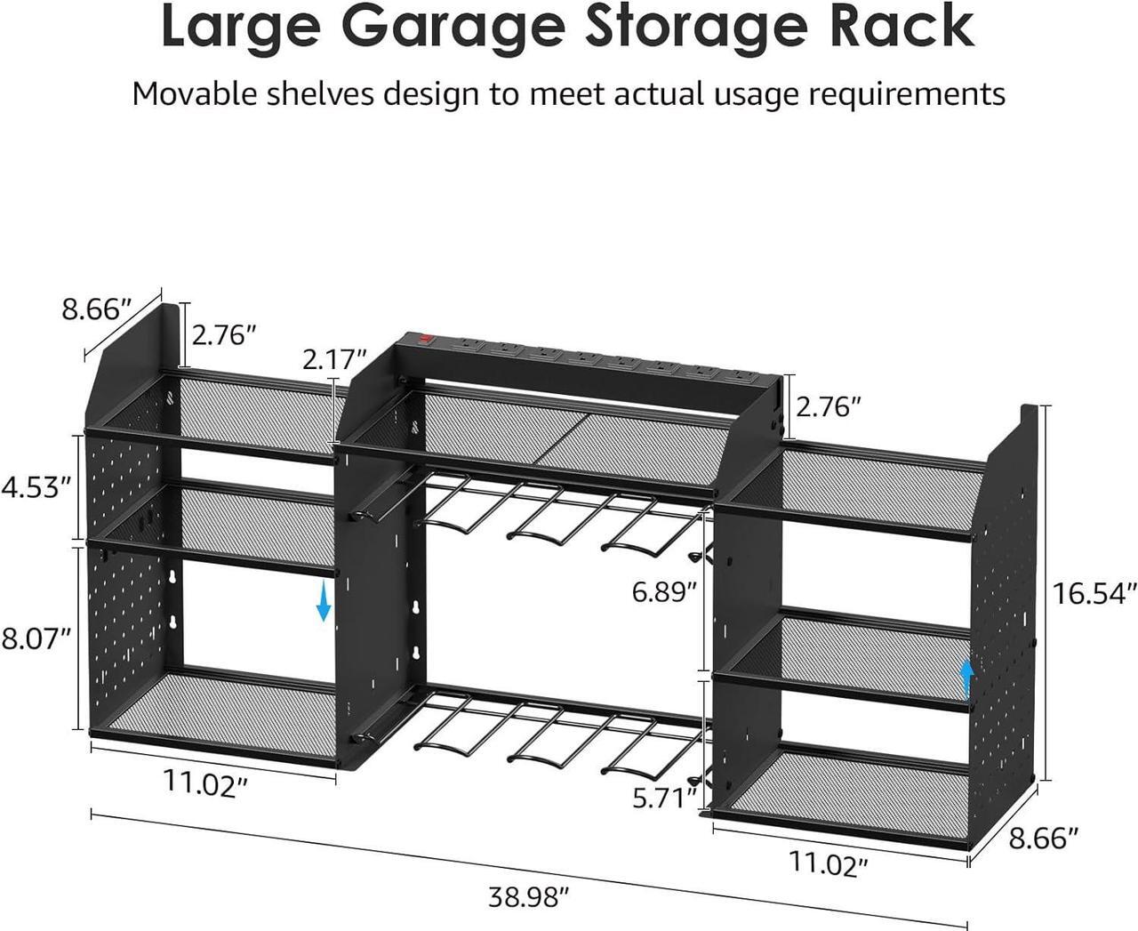Alt view image 3 of 7 - Black Tools Organizer Wall Mount Charging Station, Power Tool Battery Storage Rack Built-in Power Strip. 8 Drill Holder, All Metal, Garage Utility Shelves, Movable. Pegboard Hanging Extension.