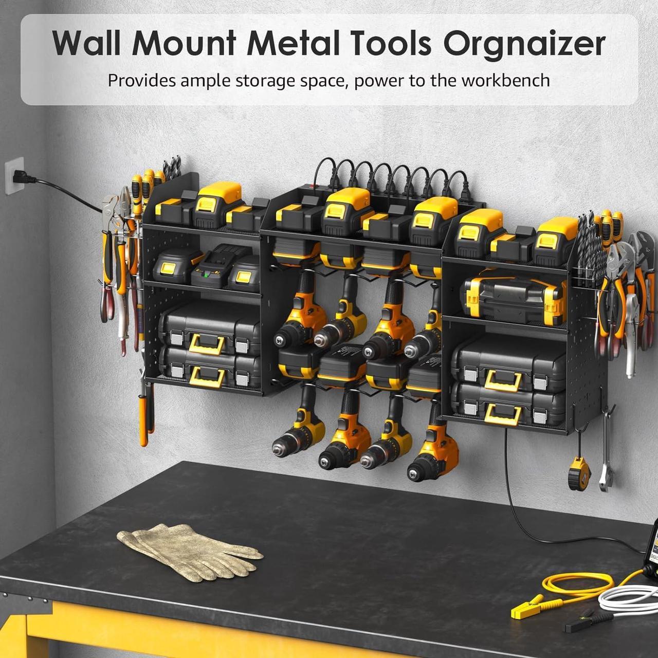 Alt view image 5 of 7 - Black Tools Organizer Wall Mount Charging Station, Power Tool Battery Storage Rack Built-in Power Strip. 8 Drill Holder, All Metal, Garage Utility Shelves, Movable. Pegboard Hanging Extension.
