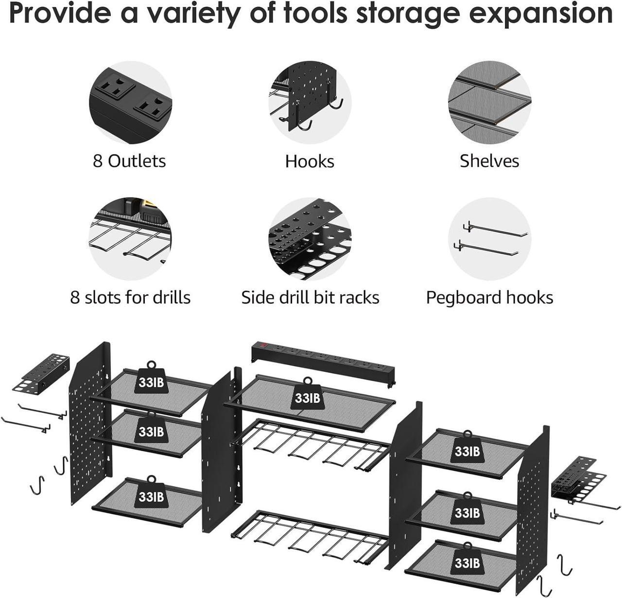 Alt view image 2 of 7 - Black Tools Organizer Wall Mount Charging Station, Power Tool Battery Storage Rack Built-in Power Strip. 8 Drill Holder, All Metal, Garage Utility Shelves, Movable. Pegboard Hanging Extension.