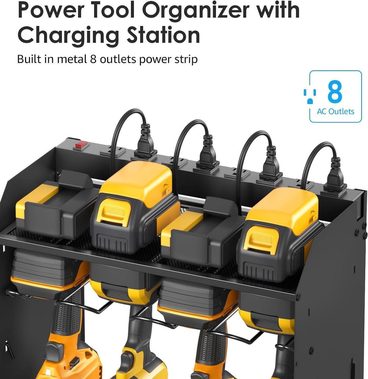 Alt view image 4 of 7 - Black Tools Organizer Wall Mount Charging Station, Power Tool Battery Storage Rack Built-in Power Strip. 8 Drill Holder, All Metal, Garage Utility Shelves, Movable. Pegboard Hanging Extension.