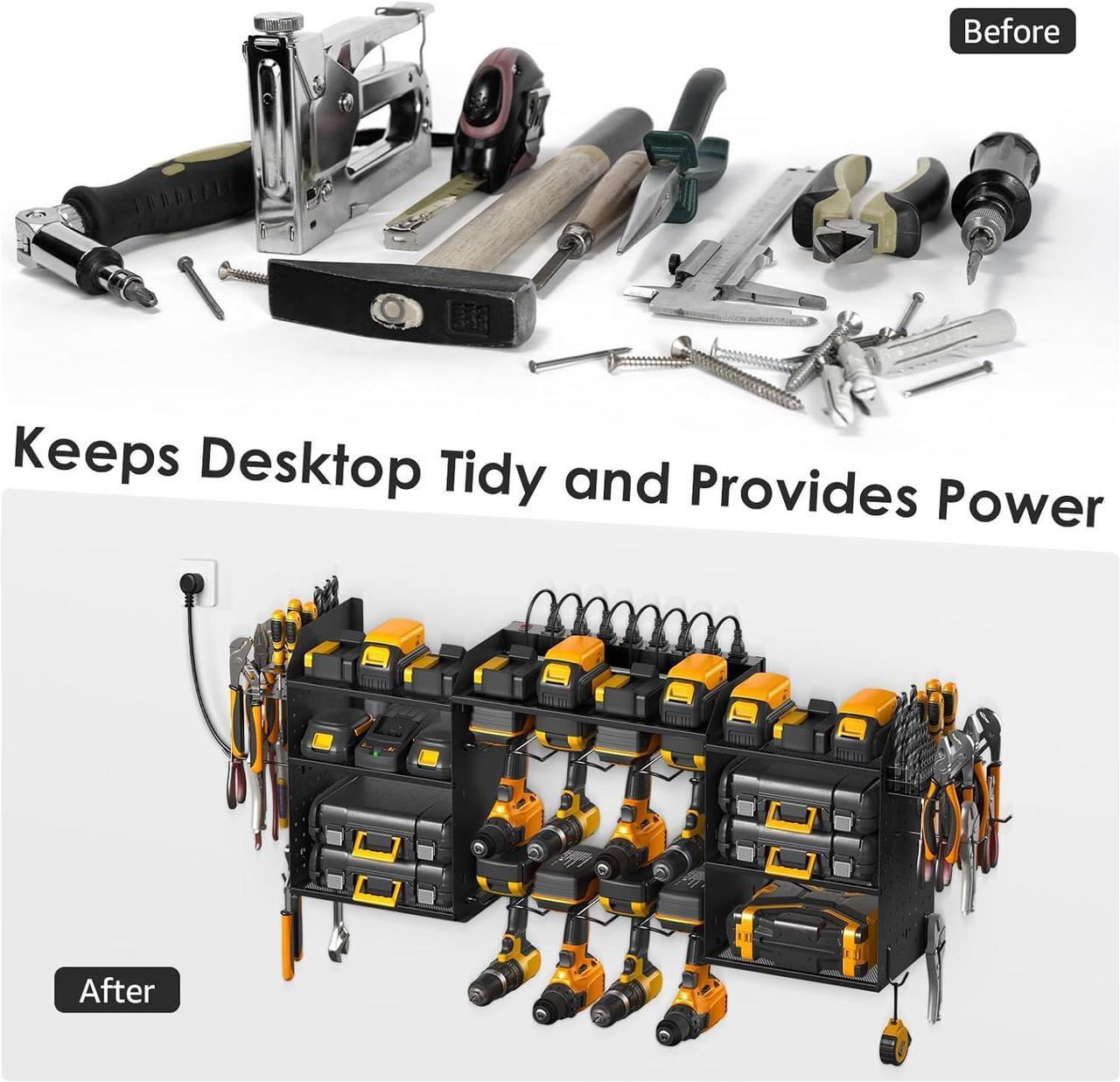 Alt view image 7 of 7 - Black Tools Organizer Wall Mount Charging Station, Power Tool Battery Storage Rack Built-in Power Strip. 8 Drill Holder, All Metal, Garage Utility Shelves, Movable. Pegboard Hanging Extension.