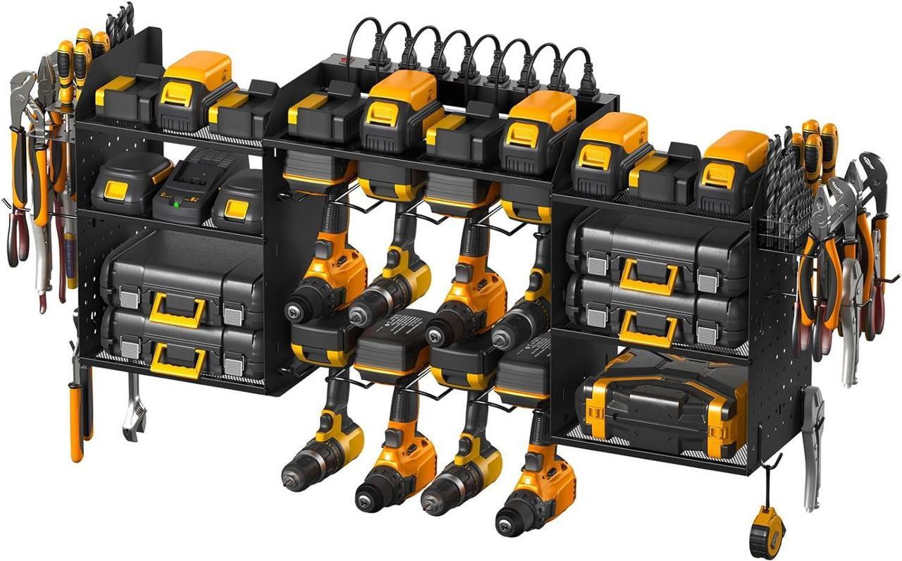 Main image of Black Tools Organizer Wall Mount Charging Station, Power Tool Battery Storage Rack Built-in Power Strip. 8 Drill Holder, All Metal, Garage Utility Shelves, Movable. Pegboard Hanging Extension.