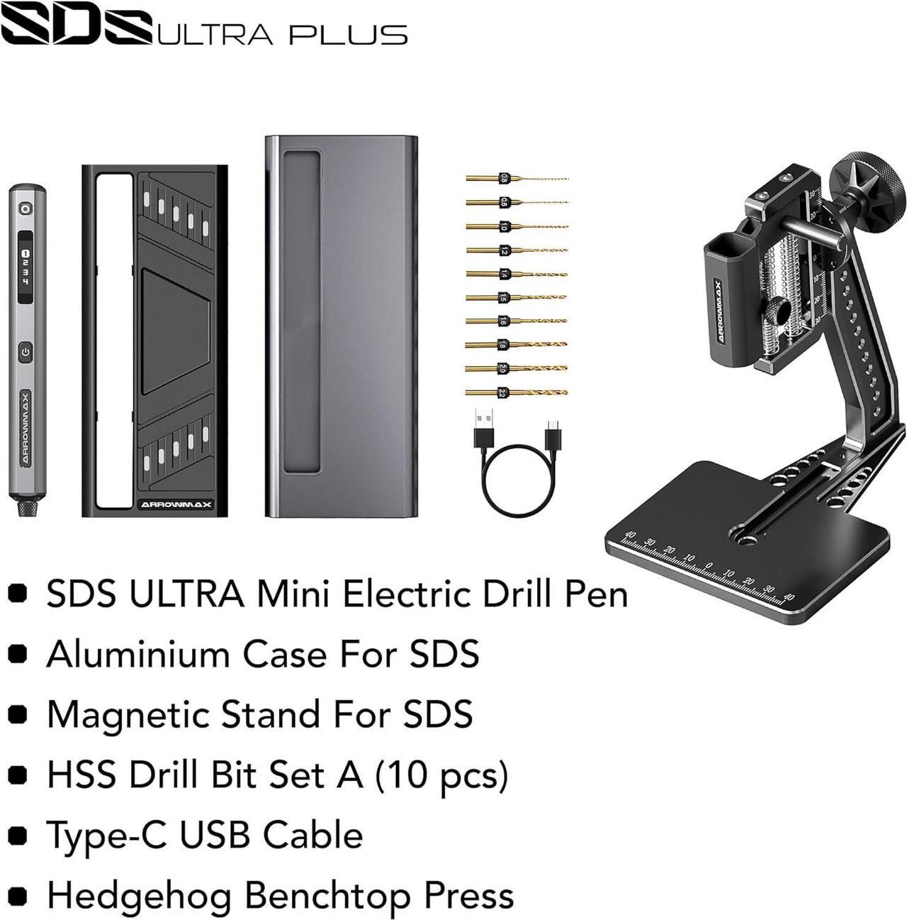 Alt view image 4 of 5 - 4-Speed Electric Mini Drill Pen with Hedgehog Benchtop Press, 10 Small Drill Bits with Aluminium Box, OLED Display, LED Lights, 3/32-Inch Keyless Chuck