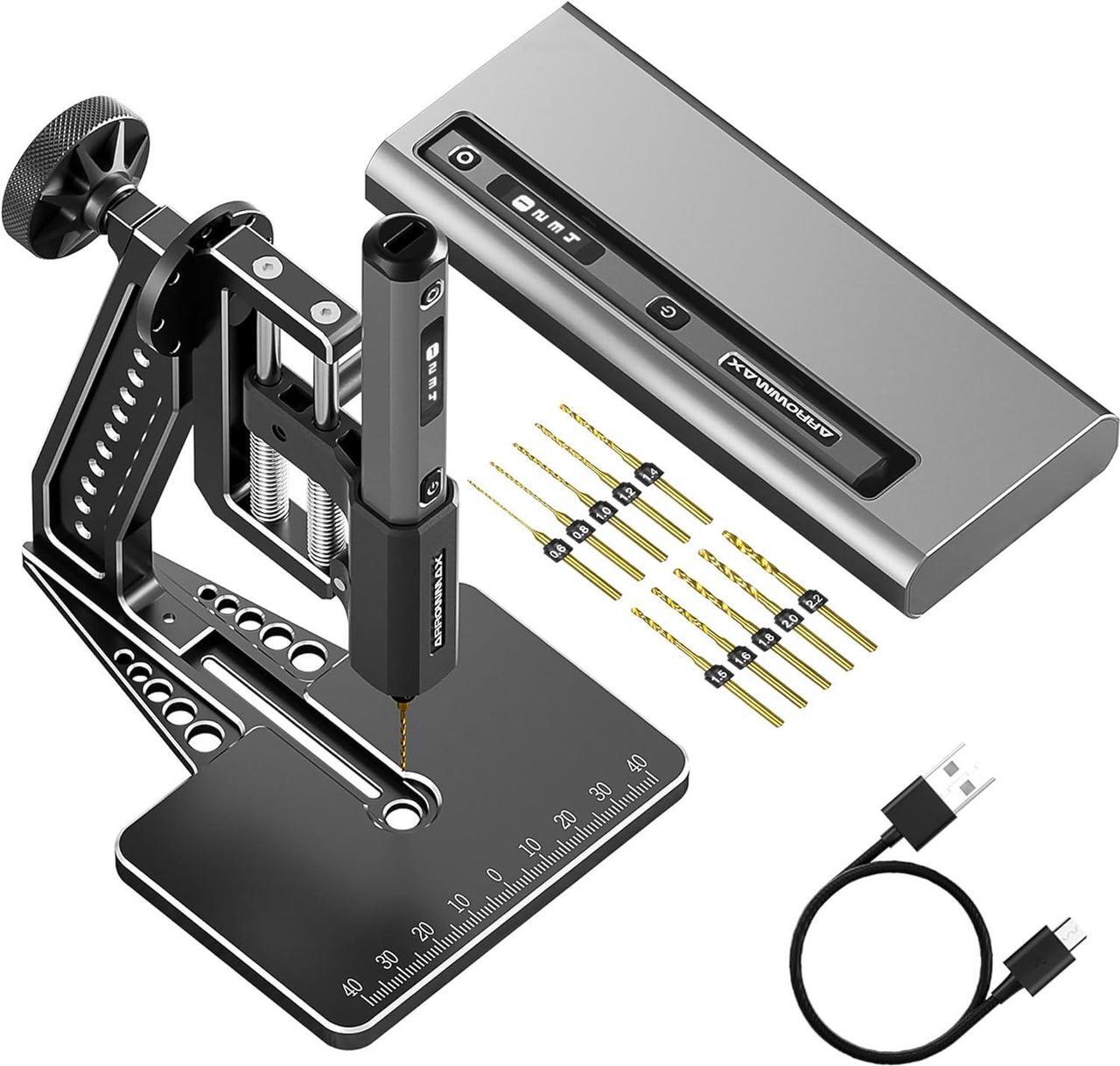 Main image of 4-Speed Electric Mini Drill Pen with Hedgehog Benchtop Press, 10 Small Drill Bits with Aluminium Box, OLED Display, LED Lights, 3/32-Inch Keyless Chuck