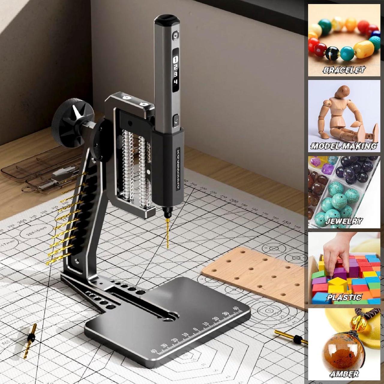 Alt view image 5 of 5 - 4-Speed Electric Mini Drill Pen with Hedgehog Benchtop Press, 10 Small Drill Bits with Aluminium Box, OLED Display, LED Lights, 3/32-Inch Keyless Chuck