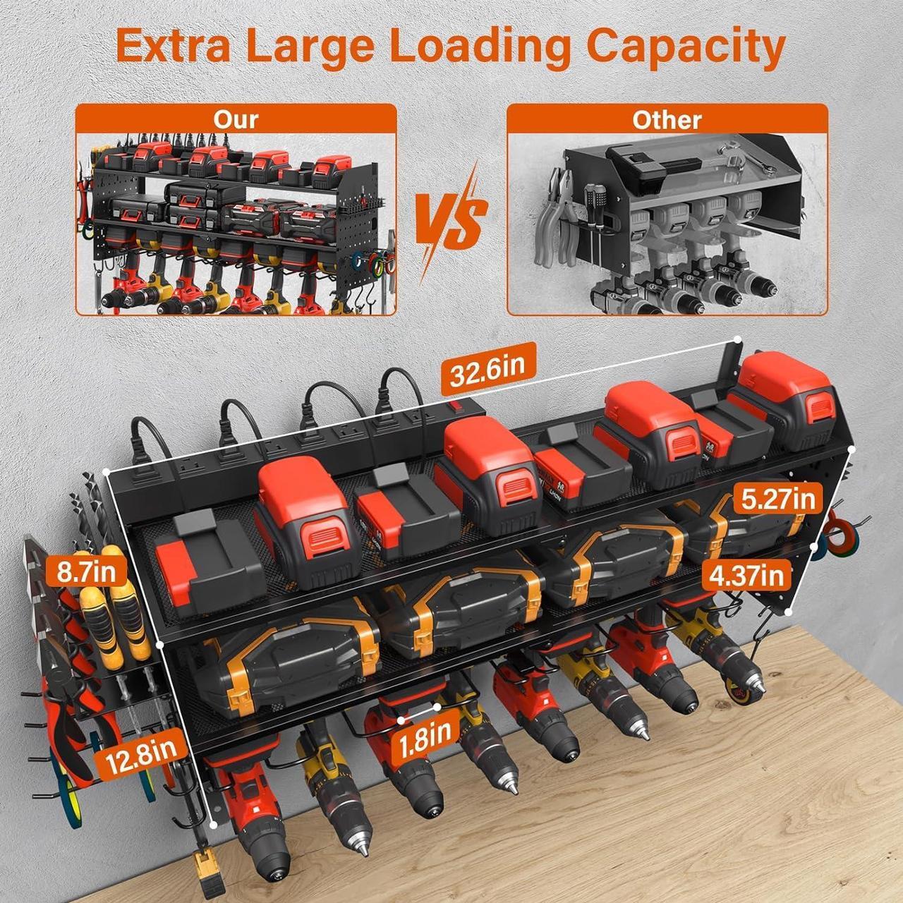 Alt view image 4 of 7 - Large Pegboard Power Tool Organizer with Charging Station, 8 Drills Driver and Tools Battery Holder Wall Mount with 8 Outlet Power Strip, Black 3-Layer Shop Garage Storage Utility Rack