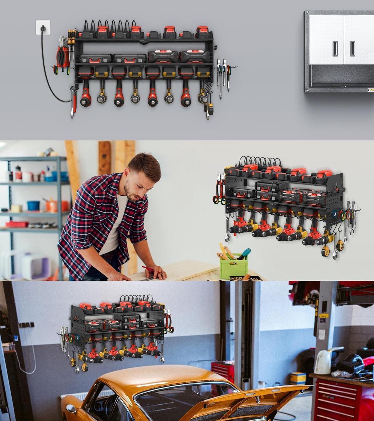 Alt view image 7 of 7 - Large Pegboard Power Tool Organizer with Charging Station, 8 Drills Driver and Tools Battery Holder Wall Mount with 8 Outlet Power Strip, Black 3-Layer Shop Garage Storage Utility Rack
