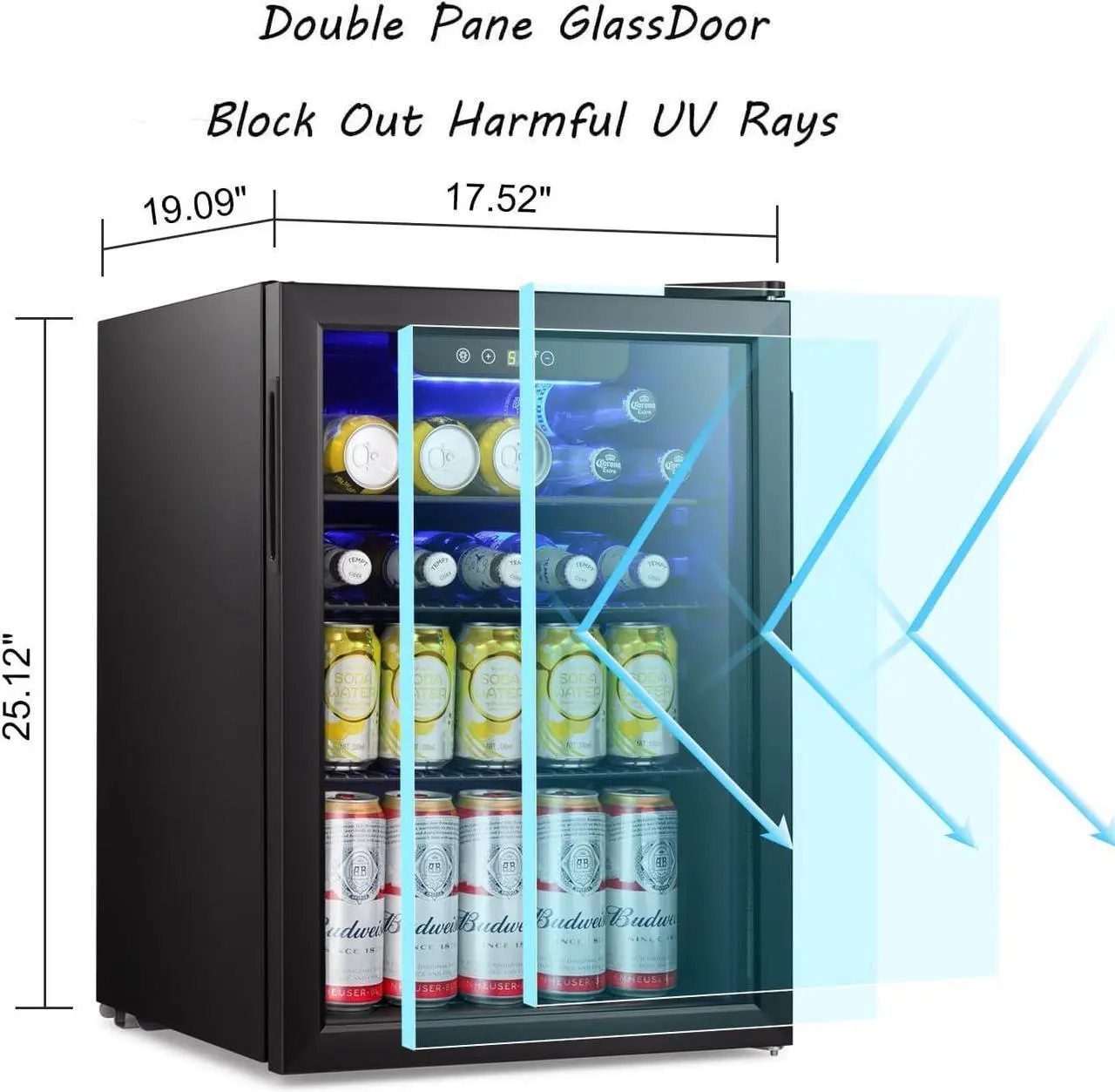Alt view image 5 of 6 - Beverage Refrigerator Cooler-85 Can Mini Fridge Glass Door for Soda Beer Wine Stainless Steel Glass Door Small Drink Dispenser Digital Display for Home, Office Bar,2.4cu.ft