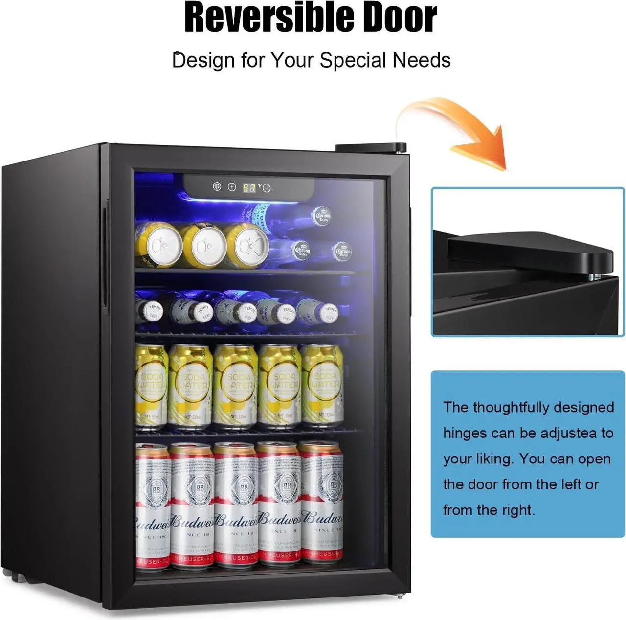 Alt view image 4 of 6 - Beverage Refrigerator Cooler-85 Can Mini Fridge Glass Door for Soda Beer Wine Stainless Steel Glass Door Small Drink Dispenser Digital Display for Home, Office Bar,2.4cu.ft