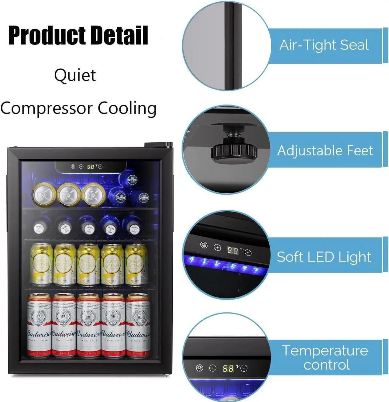 Alt view image 2 of 6 - Beverage Refrigerator Cooler-85 Can Mini Fridge Glass Door for Soda Beer Wine Stainless Steel Glass Door Small Drink Dispenser Digital Display for Home, Office Bar,2.4cu.ft