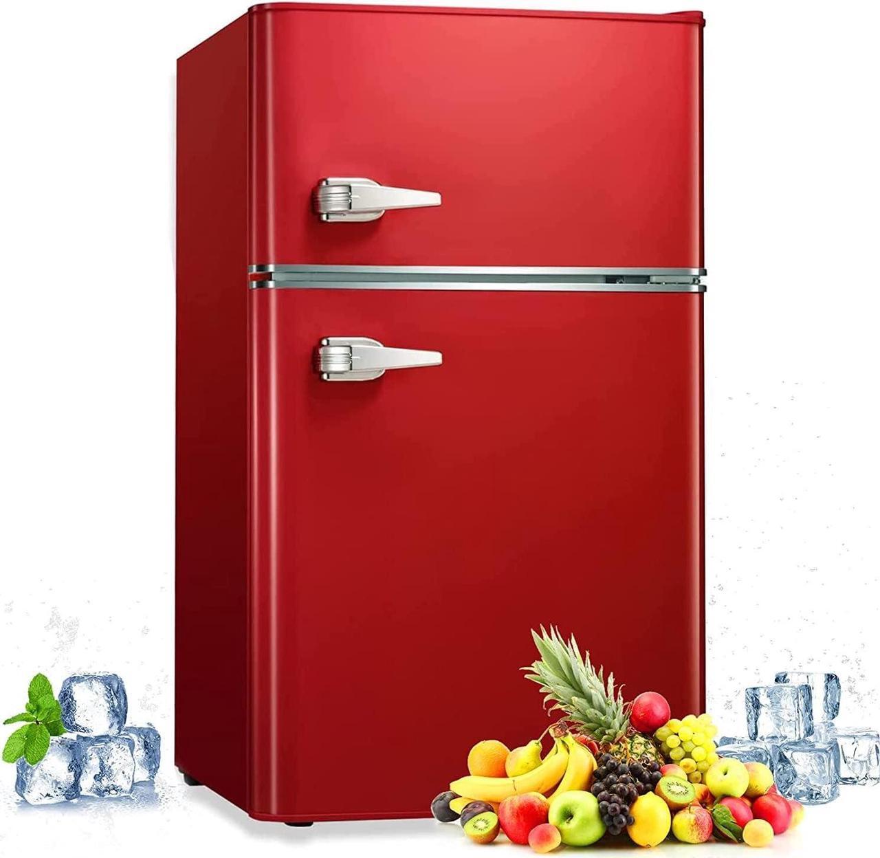 Main image of Compact Mini Refrigerator Separate Freezer, Small Fridge Double 2-Door Adjustable Removable Retro Stainless Steel Shelves Garage Camper Basement/Dorm/Office 3.2 cu ft. - Red