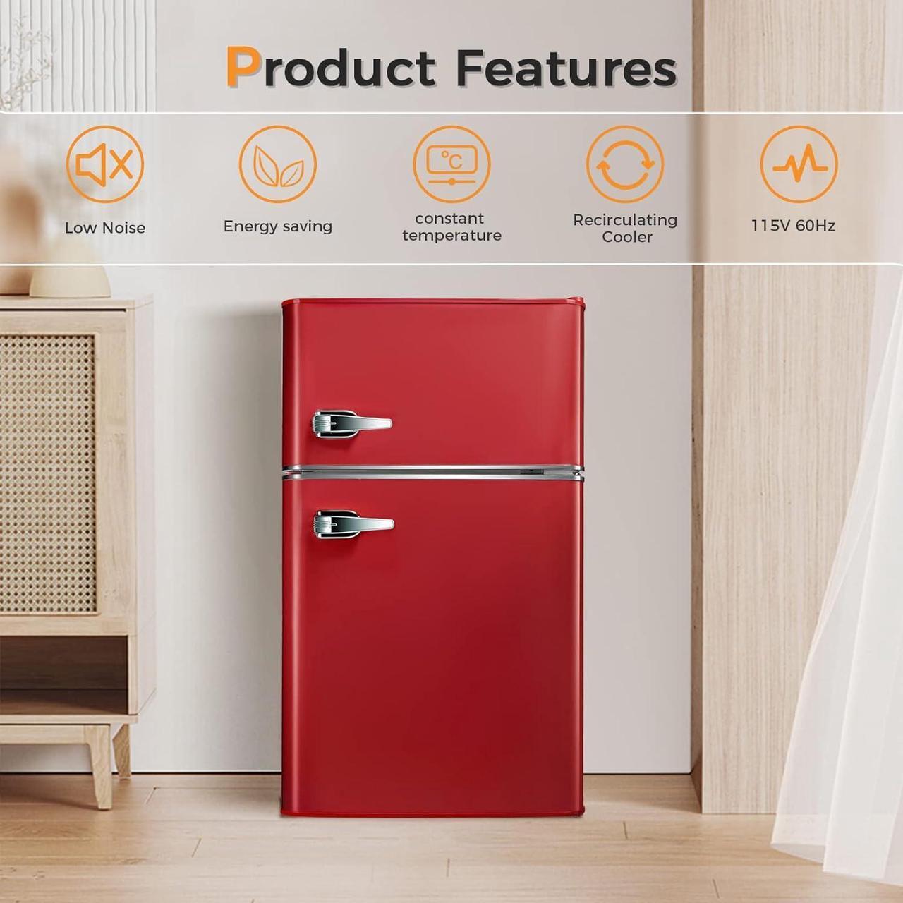 Alt view image 3 of 7 - Compact Mini Refrigerator Separate Freezer, Small Fridge Double 2-Door Adjustable Removable Retro Stainless Steel Shelves Garage Camper Basement/Dorm/Office 3.2 cu ft. - Red