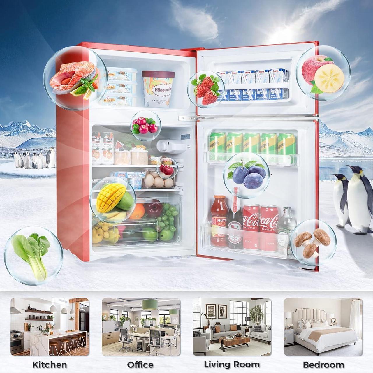 Alt view image 7 of 7 - Compact Mini Refrigerator Separate Freezer, Small Fridge Double 2-Door Adjustable Removable Retro Stainless Steel Shelves Garage Camper Basement/Dorm/Office 3.2 cu ft. - Red