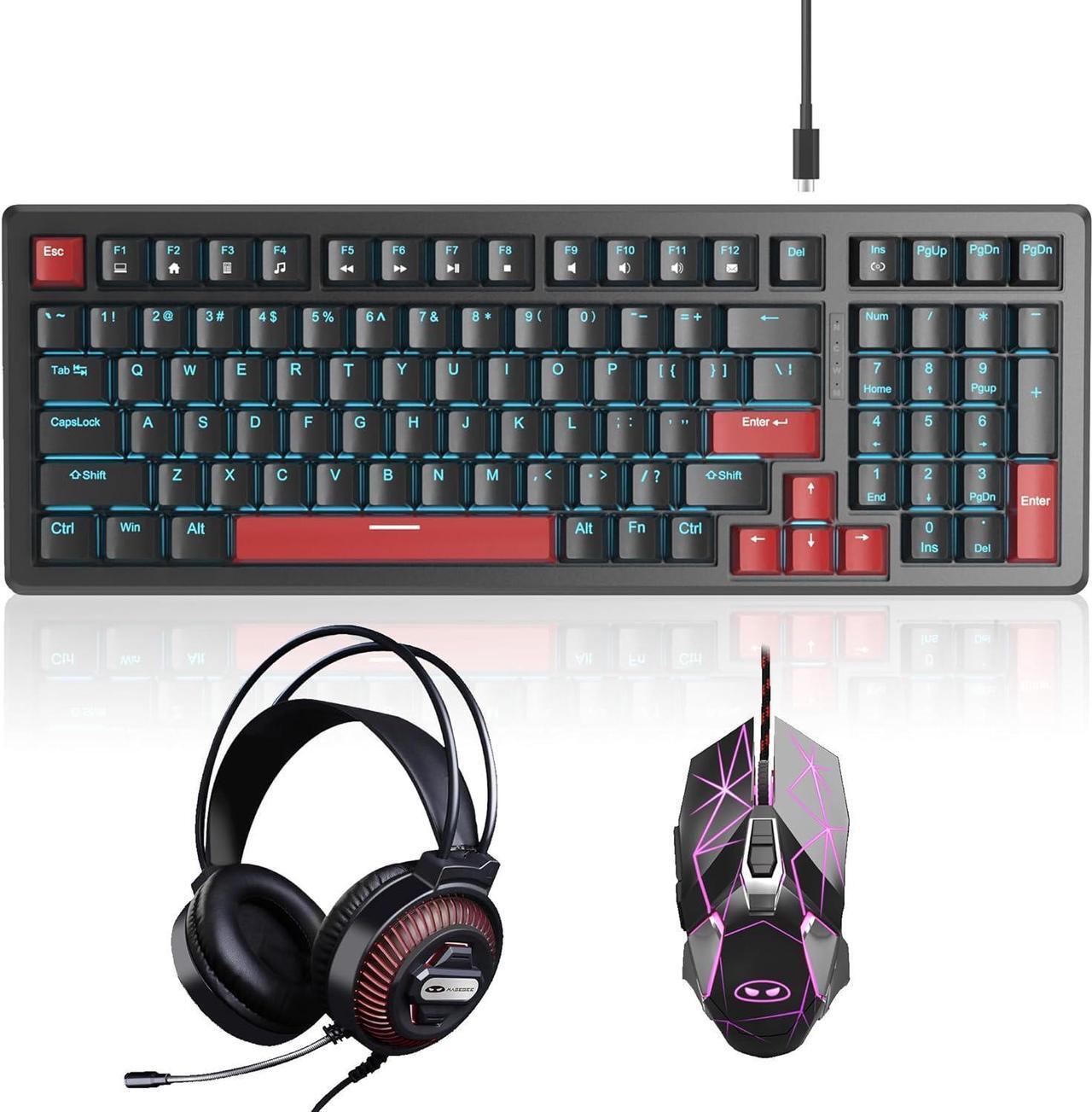 Main image of Wired Gaming Keyboard and Mouse Headset Combo, Blue Switch Mechanical Blue LED Backlit Keyboard, Over Ear Noise Cancelling Mic Headphone, for Laptop PC Computer Game and Work, Black