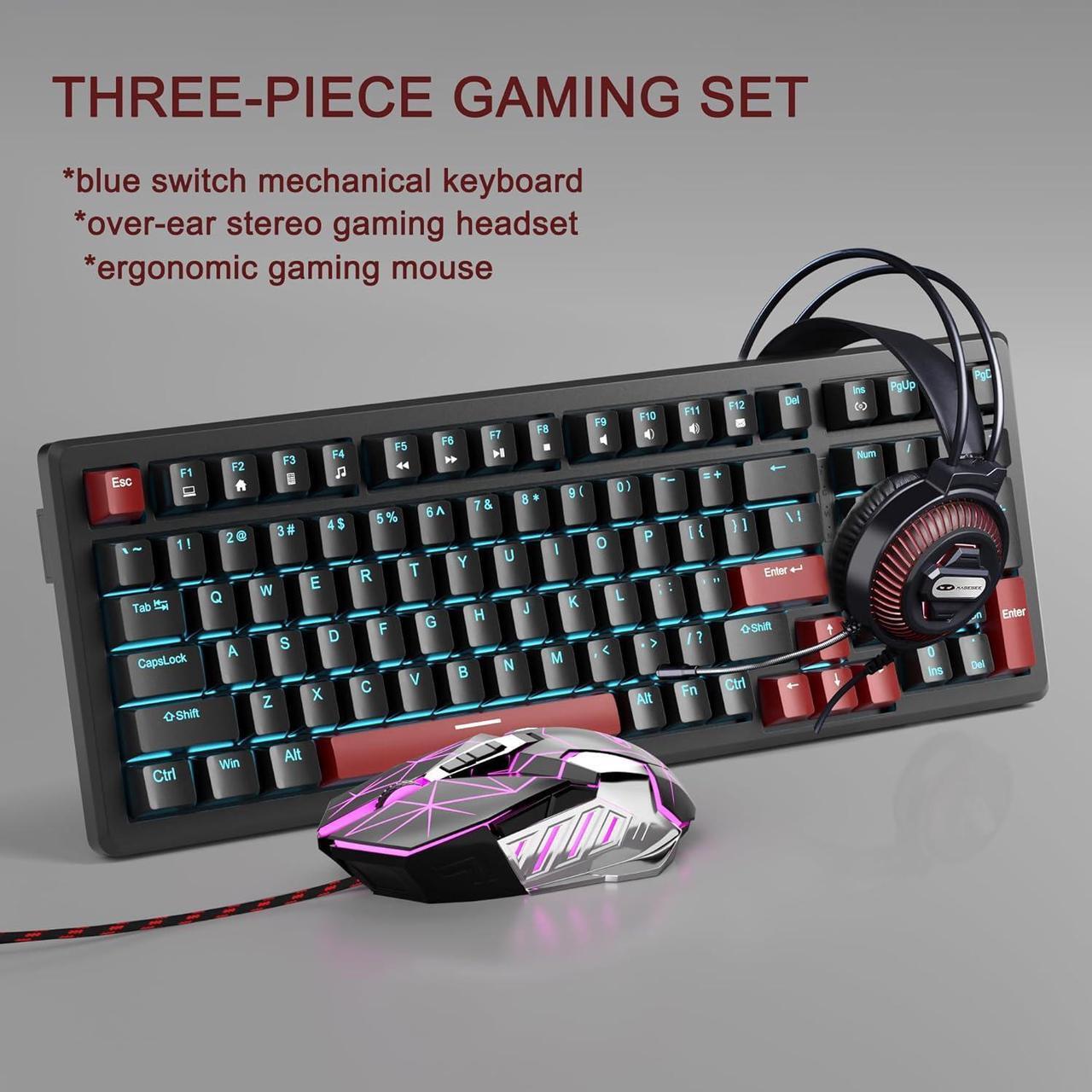 Alt view image 2 of 6 - Wired Gaming Keyboard and Mouse Headset Combo, Blue Switch Mechanical Blue LED Backlit Keyboard, Over Ear Noise Cancelling Mic Headphone, for Laptop PC Computer Game and Work, Black