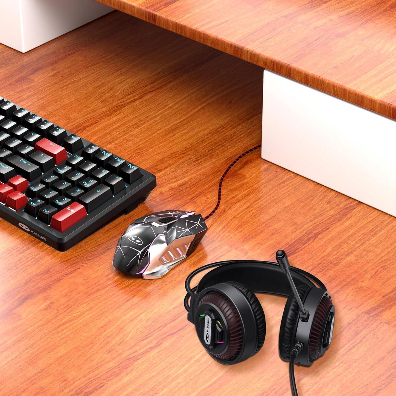 Alt view image 6 of 6 - Wired Gaming Keyboard and Mouse Headset Combo, Blue Switch Mechanical Blue LED Backlit Keyboard, Over Ear Noise Cancelling Mic Headphone, for Laptop PC Computer Game and Work, Black