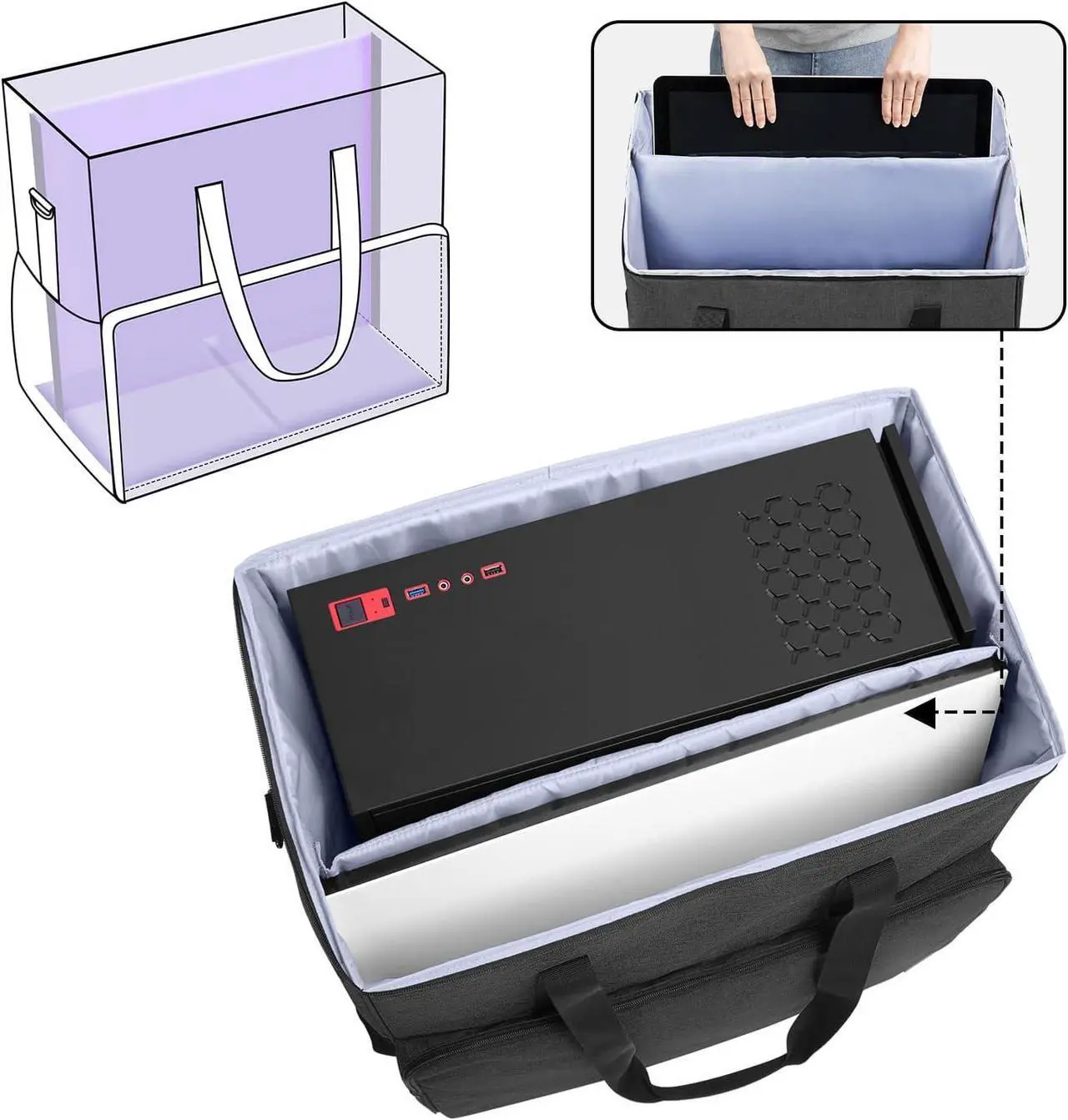 Alt view image 2 of 7 - Desktop Computer Tower and Monitor Carrying Case,Travel Tote Bag for PC Chassis, Monitor, Keyboard, Cable and Mouse, Earphone, Bag Only, Black