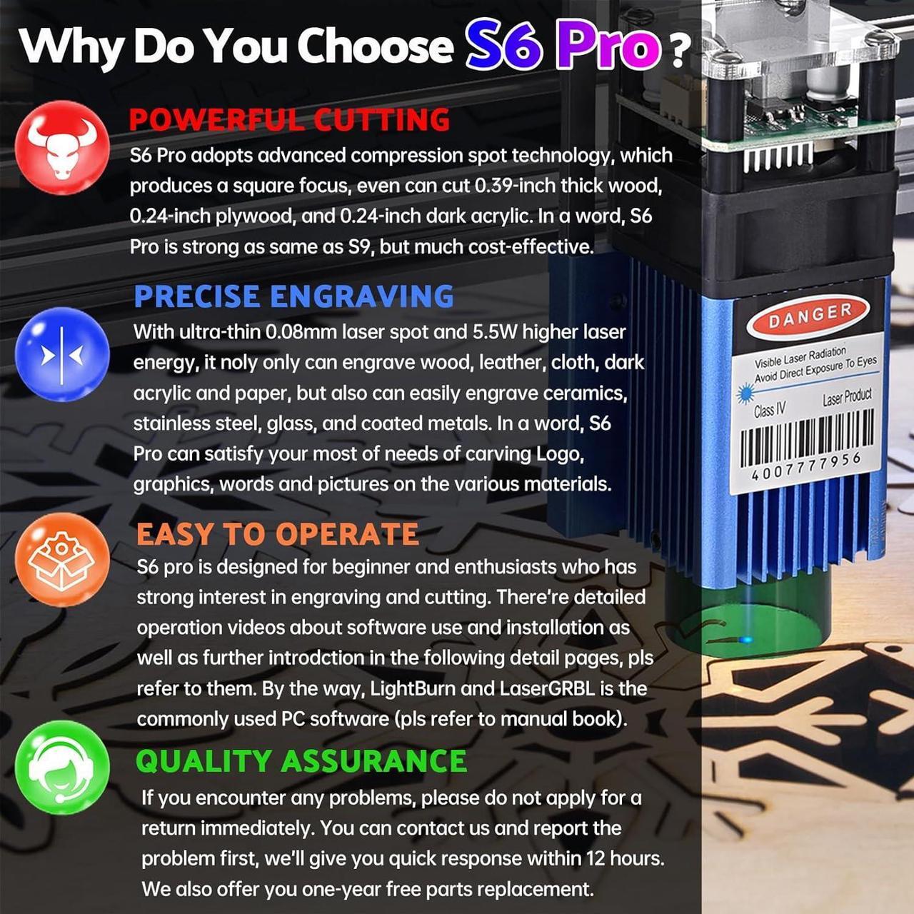 Alt view image 3 of 7 - SCULPFUN S6 Pro Laser Engraver for Beginner, 60W DIY Laser Cutter for Wood and Acrylic, 5.5W Output Laser Engraving Machine, Logo and Pattern Laser Marking Machine, Gifts for Him