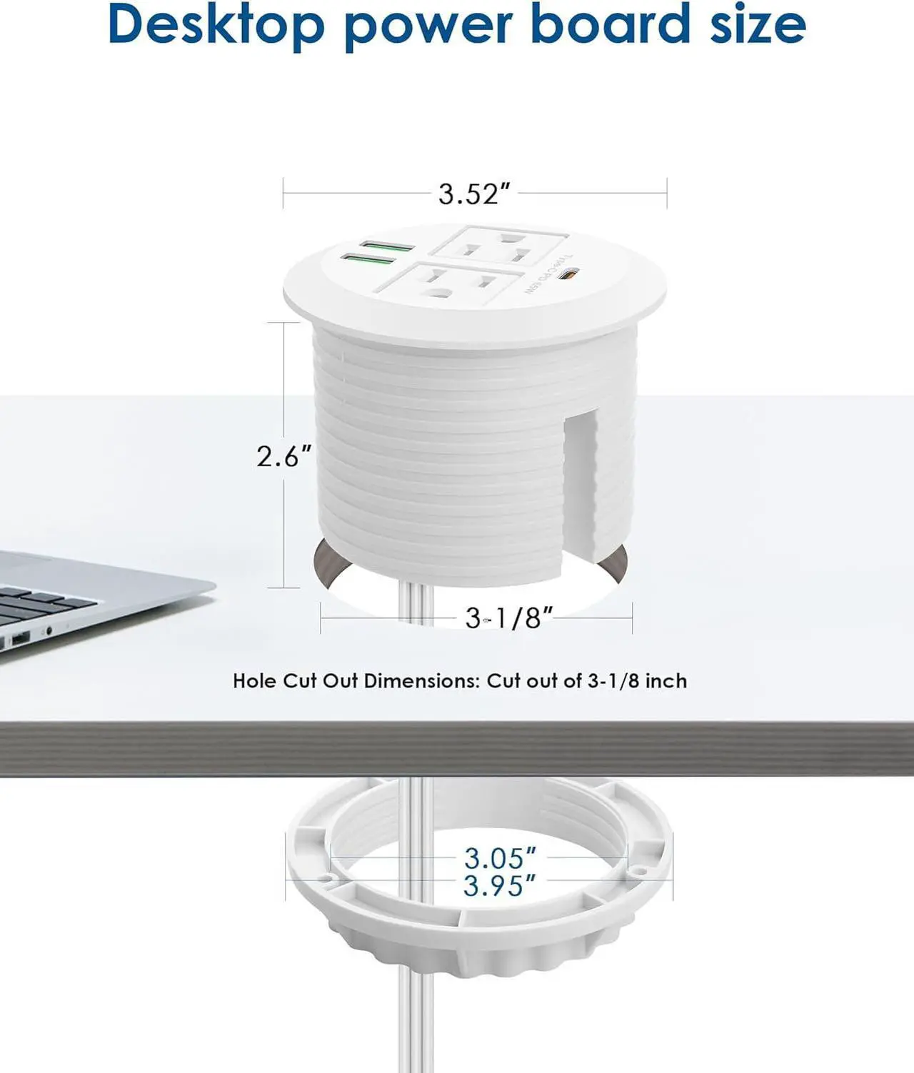 Alt view image 6 of 7 - Desktop Power Grommet,Max 65W USB C Charger,2 Outlets and 3 USB, High-Speed Charging Station, Flush Mount Desk Hole Round Power Outlet, Recessed Power Strip,6ft Cord Flat Plug