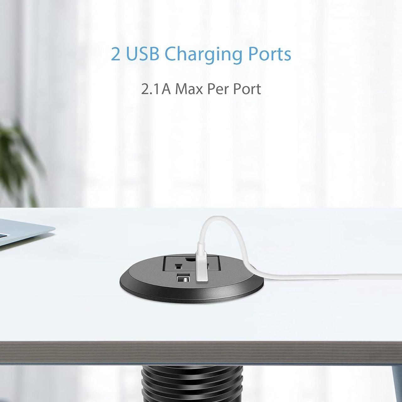 Alt view image 4 of 7 - Desktop Power Grommet, 2 inch, Black, 1 AC Outlet and 2 USB Ports, 6.56ft Cable, Fire Resistant Outer Shell