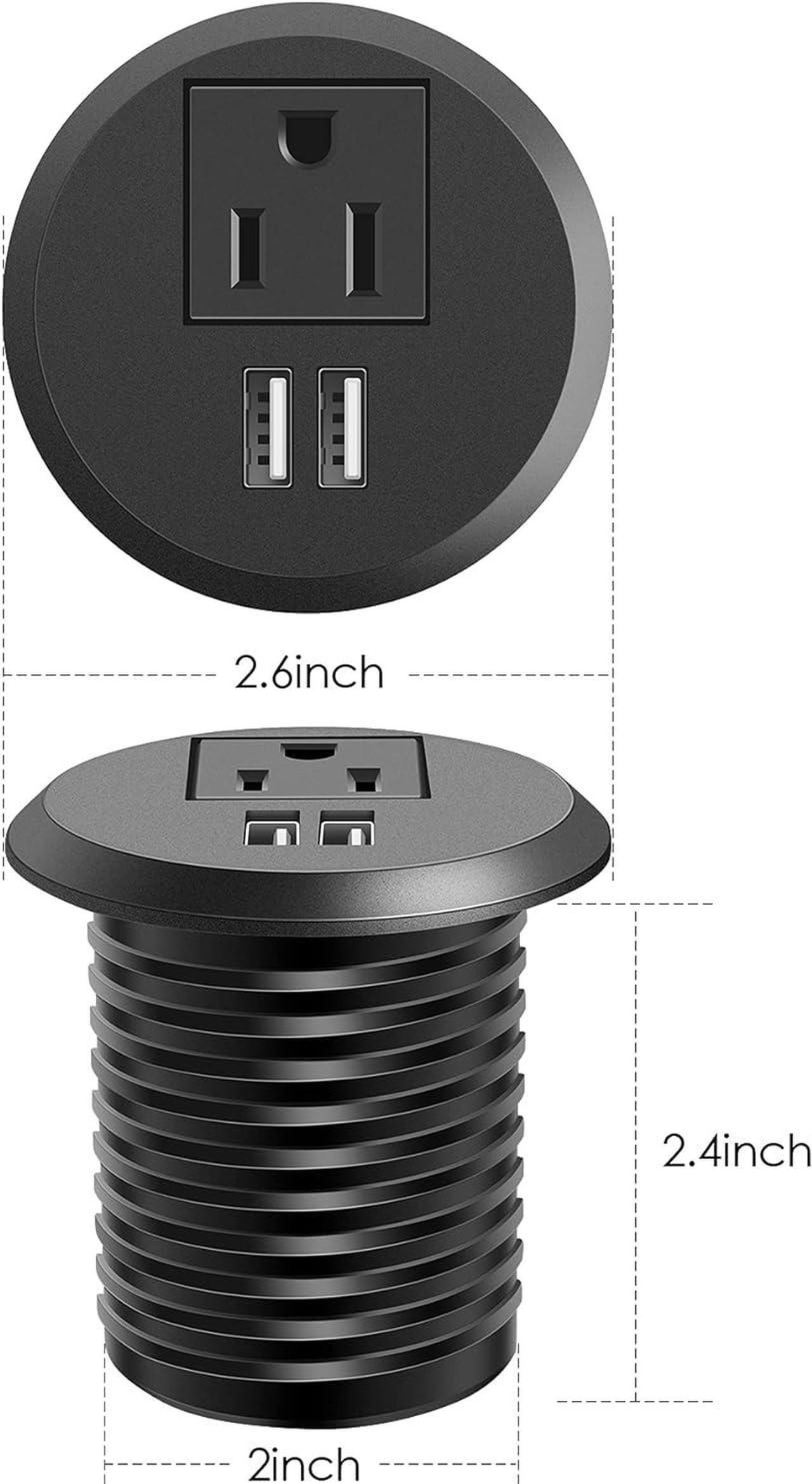 Alt view image 6 of 7 - Desktop Power Grommet, 2 inch, Black, 1 AC Outlet and 2 USB Ports, 6.56ft Cable, Fire Resistant Outer Shell