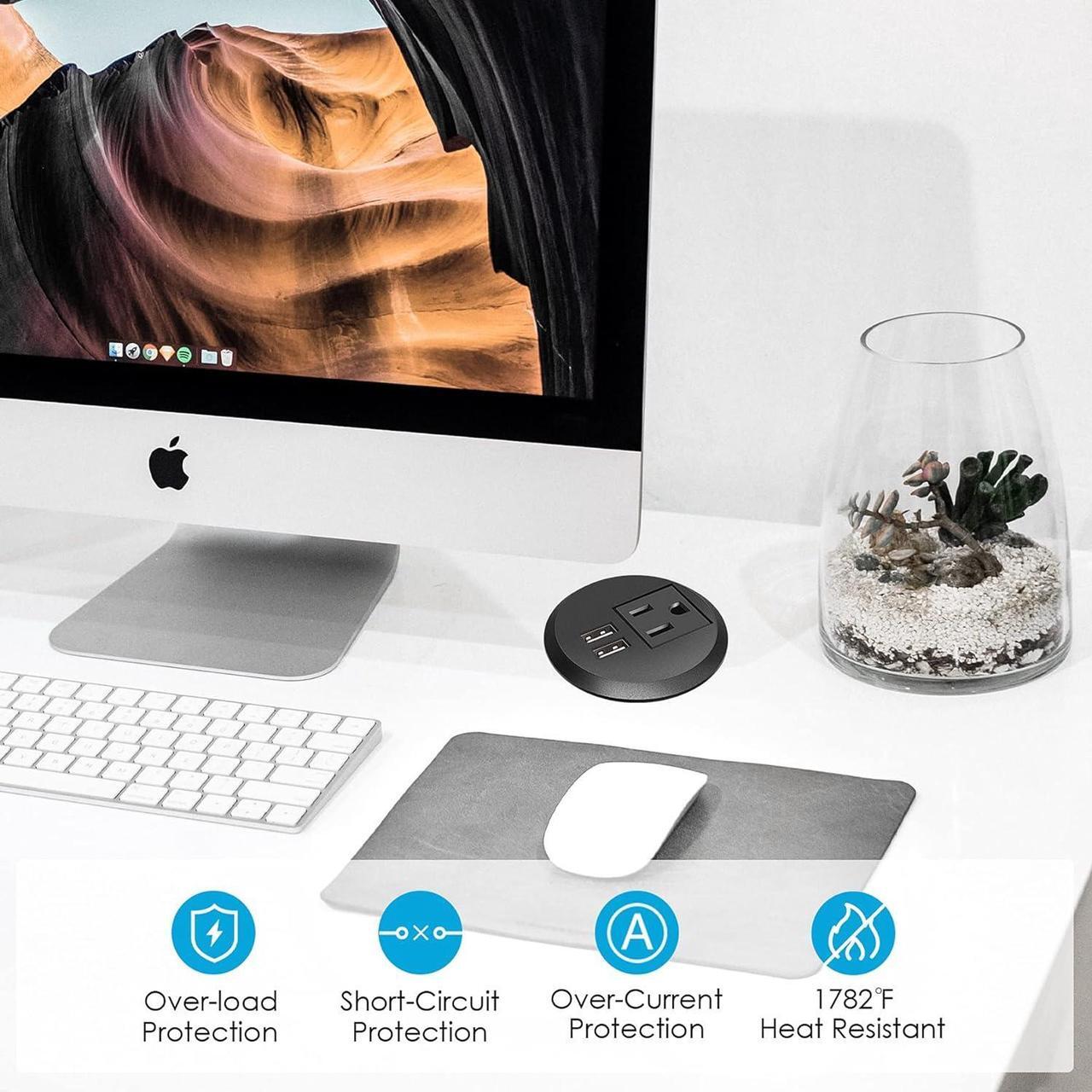 Alt view image 5 of 7 - Desktop Power Grommet, 2 inch, Black, 1 AC Outlet and 2 USB Ports, 6.56ft Cable, Fire Resistant Outer Shell