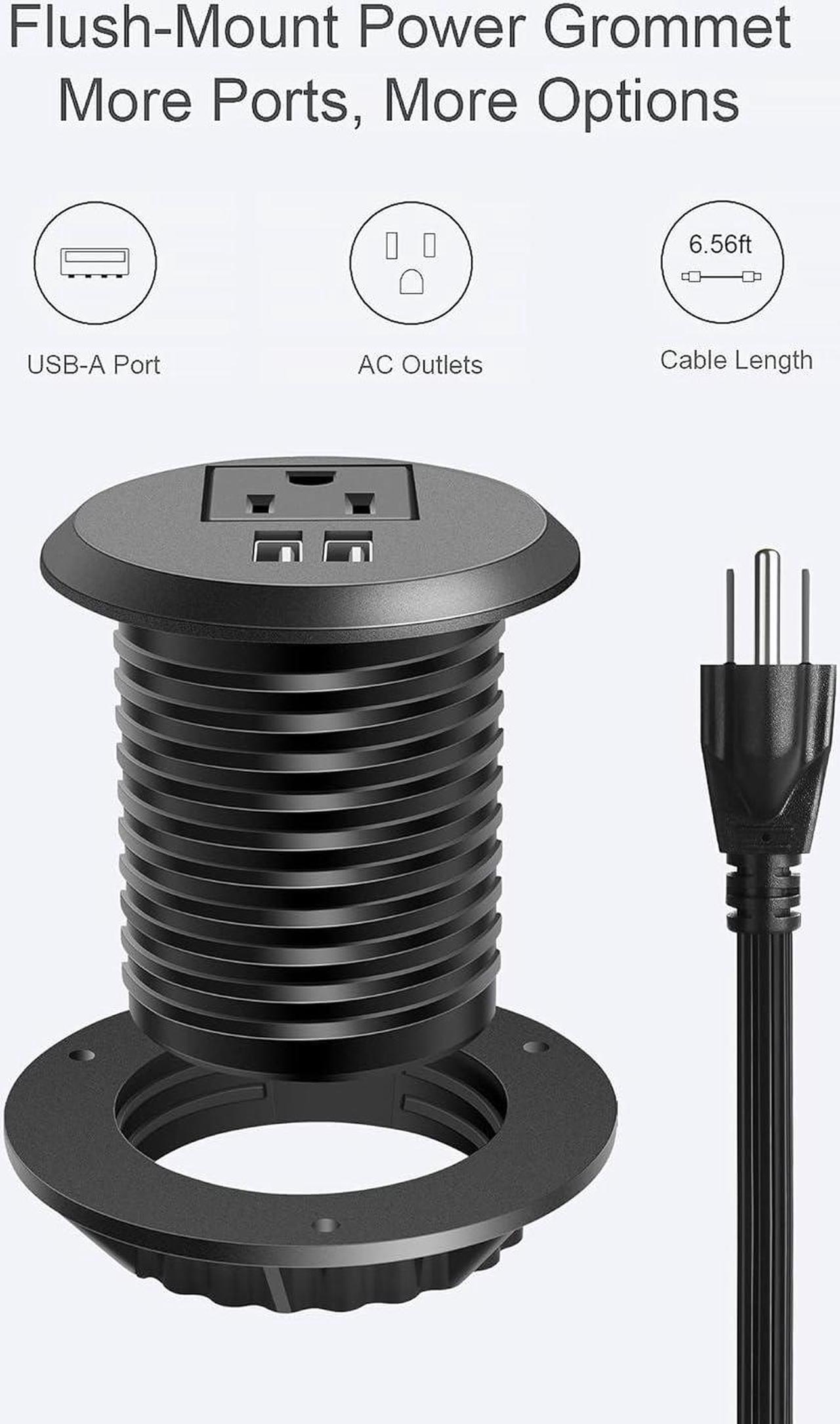 Alt view image 2 of 7 - Desktop Power Grommet, 2 inch, Black, 1 AC Outlet and 2 USB Ports, 6.56ft Cable, Fire Resistant Outer Shell