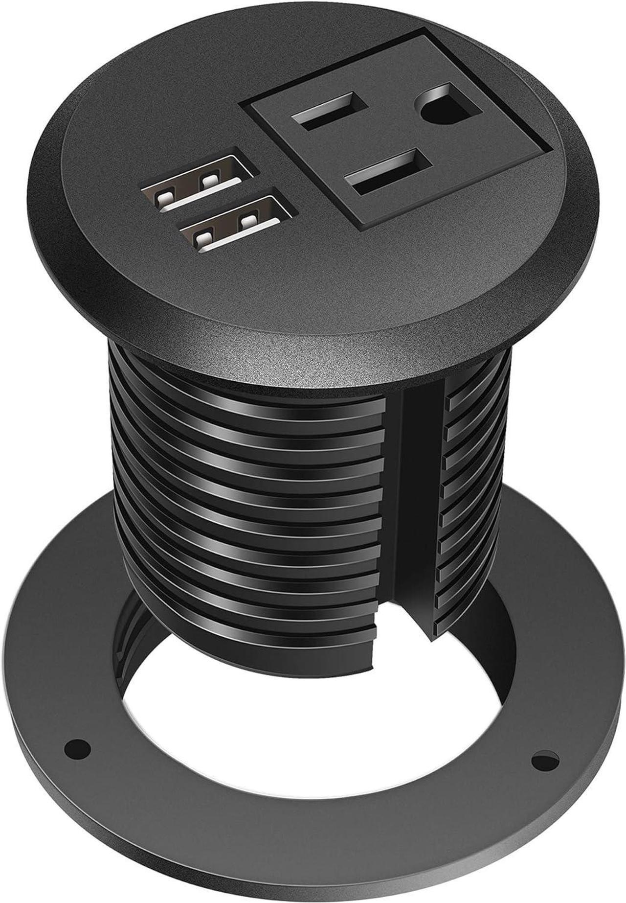 Main image of Desktop Power Grommet, 2 inch, Black, 1 AC Outlet and 2 USB Ports, 6.56ft Cable, Fire Resistant Outer Shell