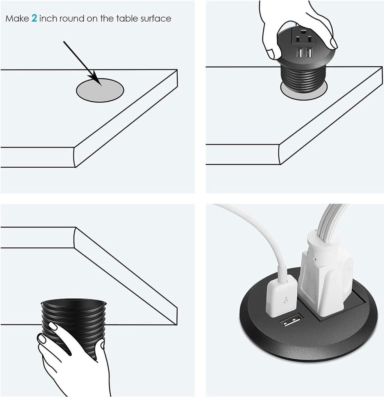 Alt view image 7 of 7 - Desktop Power Grommet, 2 inch, Black, 1 AC Outlet and 2 USB Ports, 6.56ft Cable, Fire Resistant Outer Shell