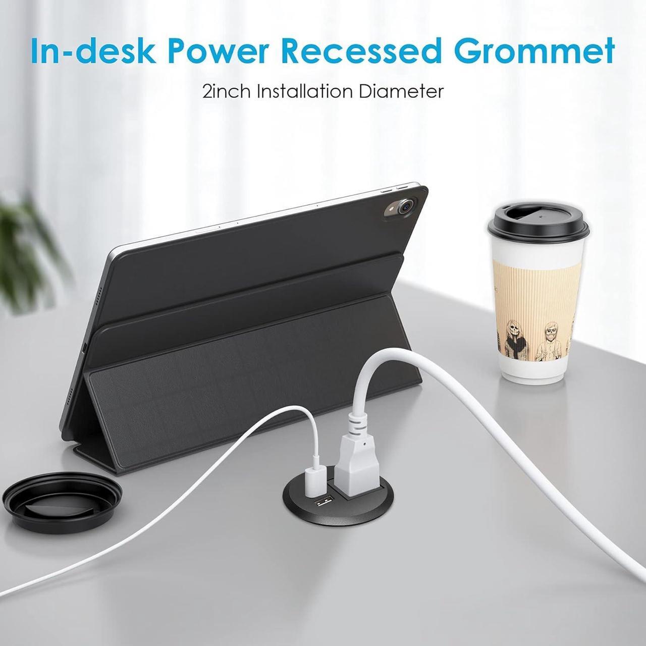 Alt view image 3 of 7 - Desktop Power Grommet, 2 inch, Black, 1 AC Outlet and 2 USB Ports, 6.56ft Cable, Fire Resistant Outer Shell