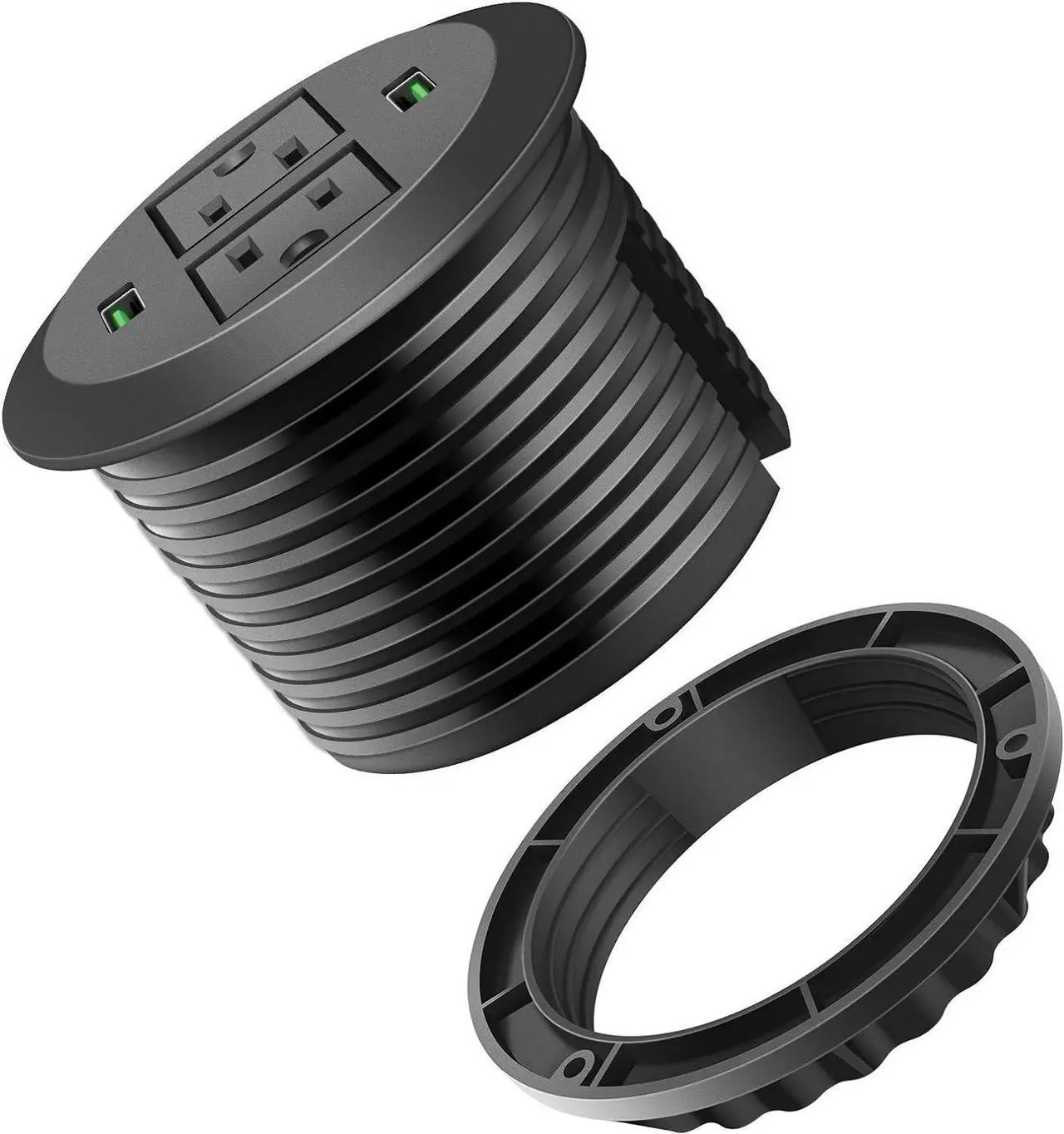 Main image of 3 inch Desk Power Grommet, USB Grommet with Green Port, Desk Hole Round Grommet Outlets with 2 AC Outlets and 2 USB Ports 6.5FT Heavy Duty Power Cord