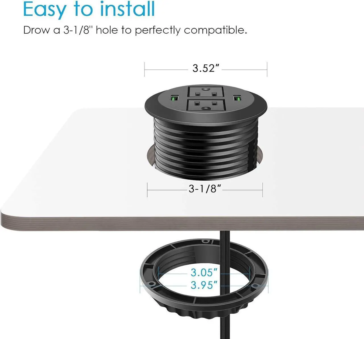 Alt view image 2 of 7 - 3 inch Desk Power Grommet, USB Grommet with Green Port, Desk Hole Round Grommet Outlets with 2 AC Outlets and 2 USB Ports 6.5FT Heavy Duty Power Cord