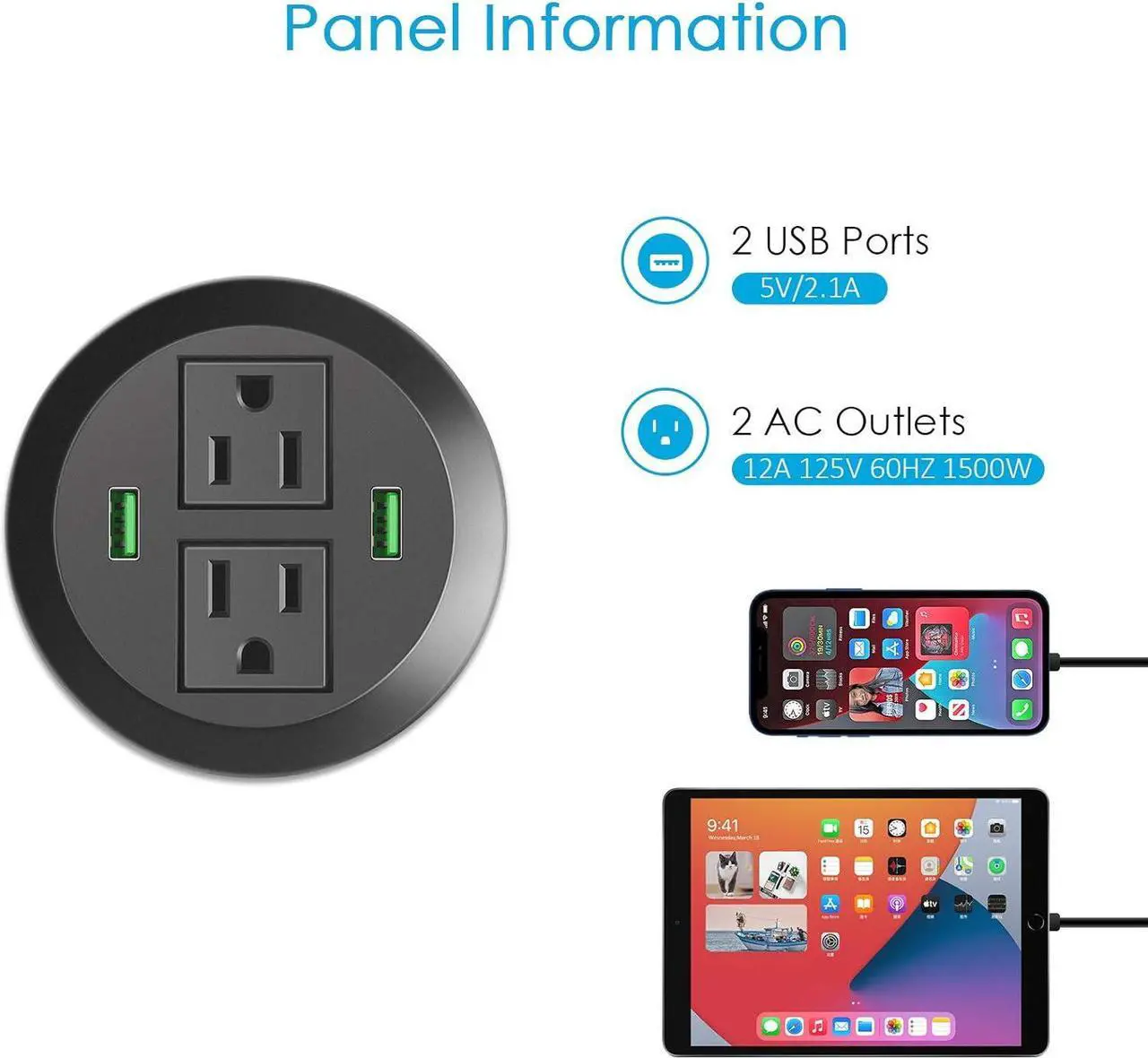 Alt view image 4 of 7 - 3 inch Desk Power Grommet, USB Grommet with Green Port, Desk Hole Round Grommet Outlets with 2 AC Outlets and 2 USB Ports 6.5FT Heavy Duty Power Cord