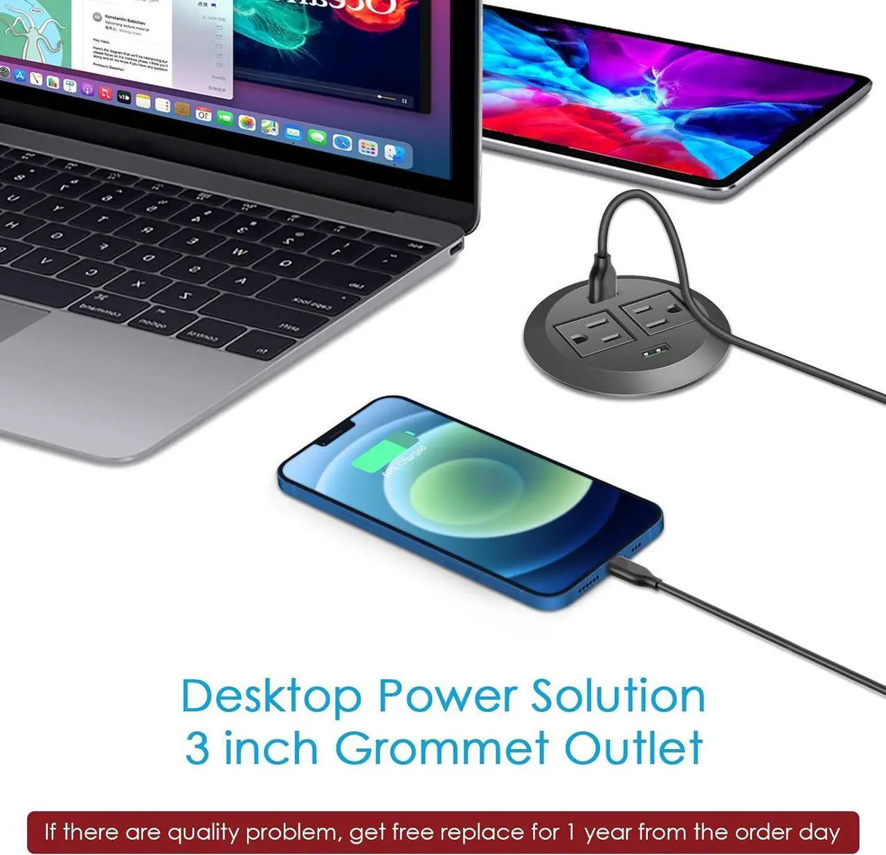 Alt view image 3 of 7 - 3 inch Desk Power Grommet, USB Grommet with Green Port, Desk Hole Round Grommet Outlets with 2 AC Outlets and 2 USB Ports 6.5FT Heavy Duty Power Cord