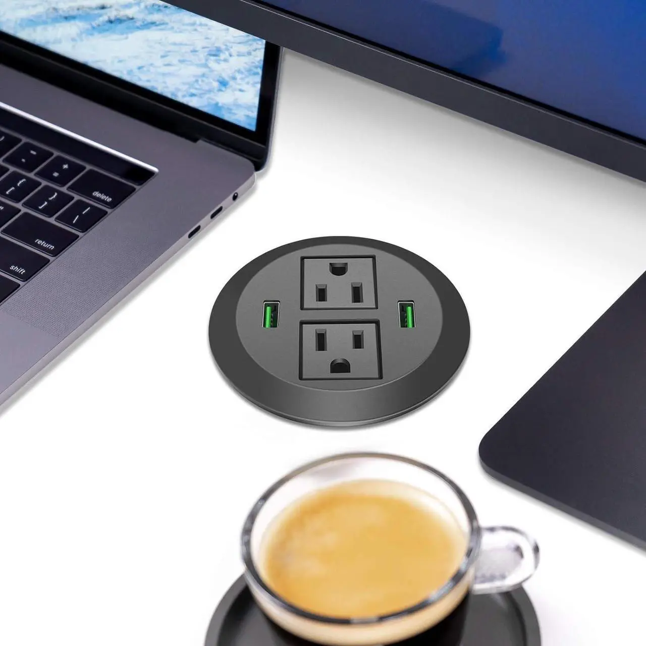 Alt view image 7 of 7 - 3 inch Desk Power Grommet, USB Grommet with Green Port, Desk Hole Round Grommet Outlets with 2 AC Outlets and 2 USB Ports 6.5FT Heavy Duty Power Cord