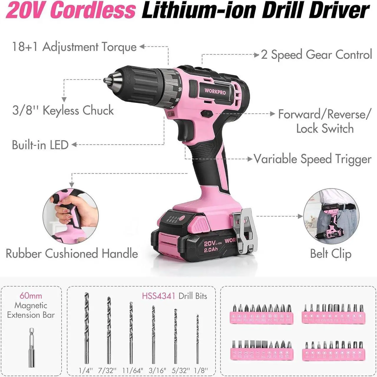 Alt view image 3 of 7 - Pink Household Tool Kit with Drill, 157PCS Tool Set with 20V Cordless Lithium-ion Drill Driver, Home Tool Kit for All Purpose, Power Drill Sets with Pink Tool Bag - Pink Ribbon