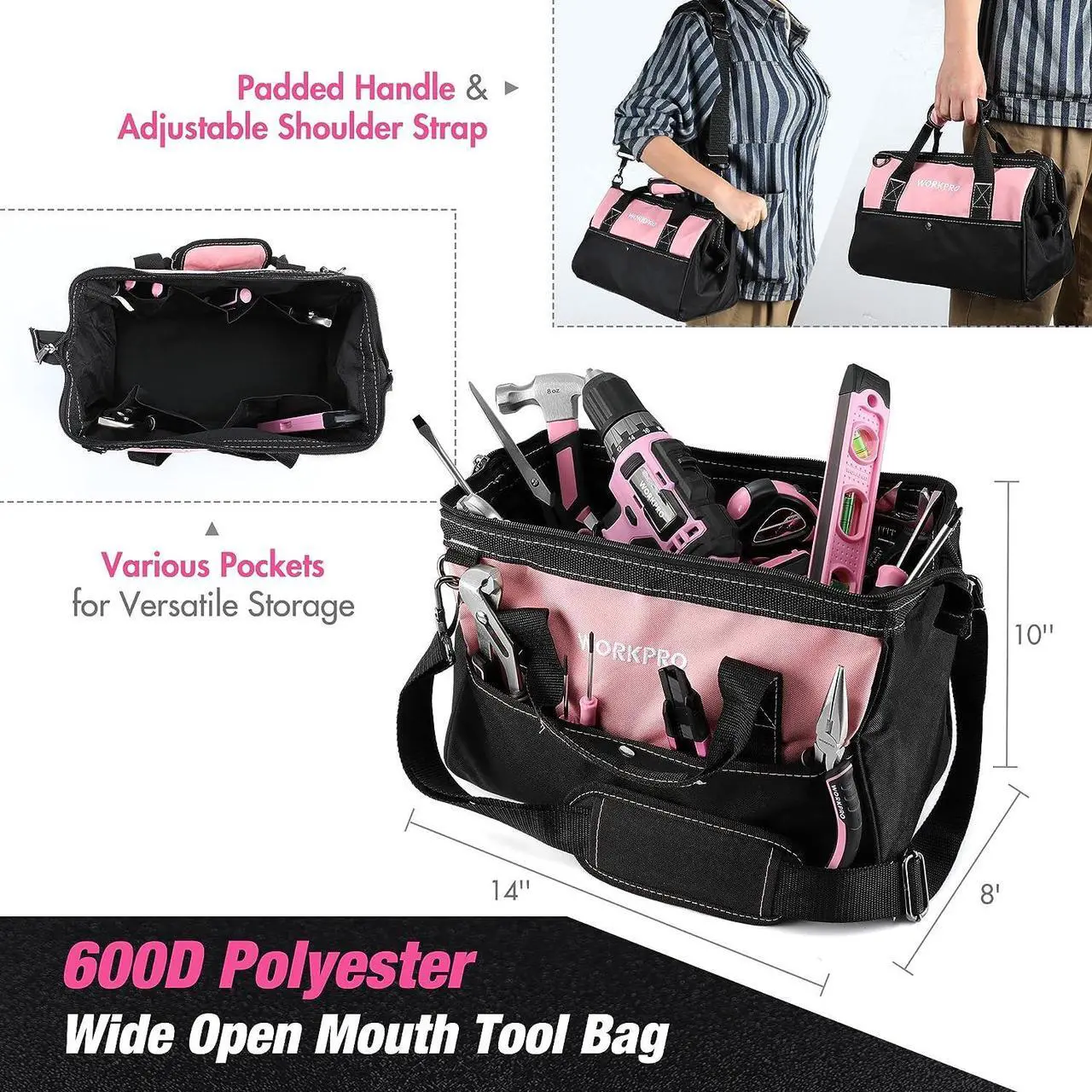 Alt view image 6 of 7 - Pink Household Tool Kit with Drill, 157PCS Tool Set with 20V Cordless Lithium-ion Drill Driver, Home Tool Kit for All Purpose, Power Drill Sets with Pink Tool Bag - Pink Ribbon
