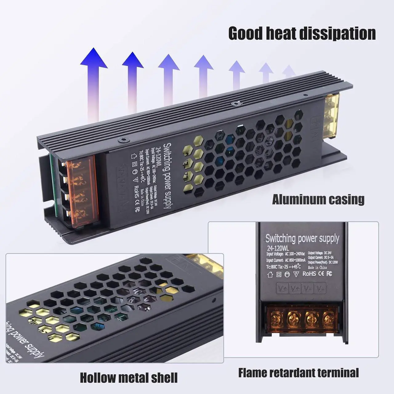 Alt view image 2 of 7 - 24V Power Supply,120W DC 24V LED Power Supply Driver Waterproof IP20 AC 100-240V to DC 24V LED Transformer Switching Converter for LED Strip Lights CCTV Computer Project LED Display