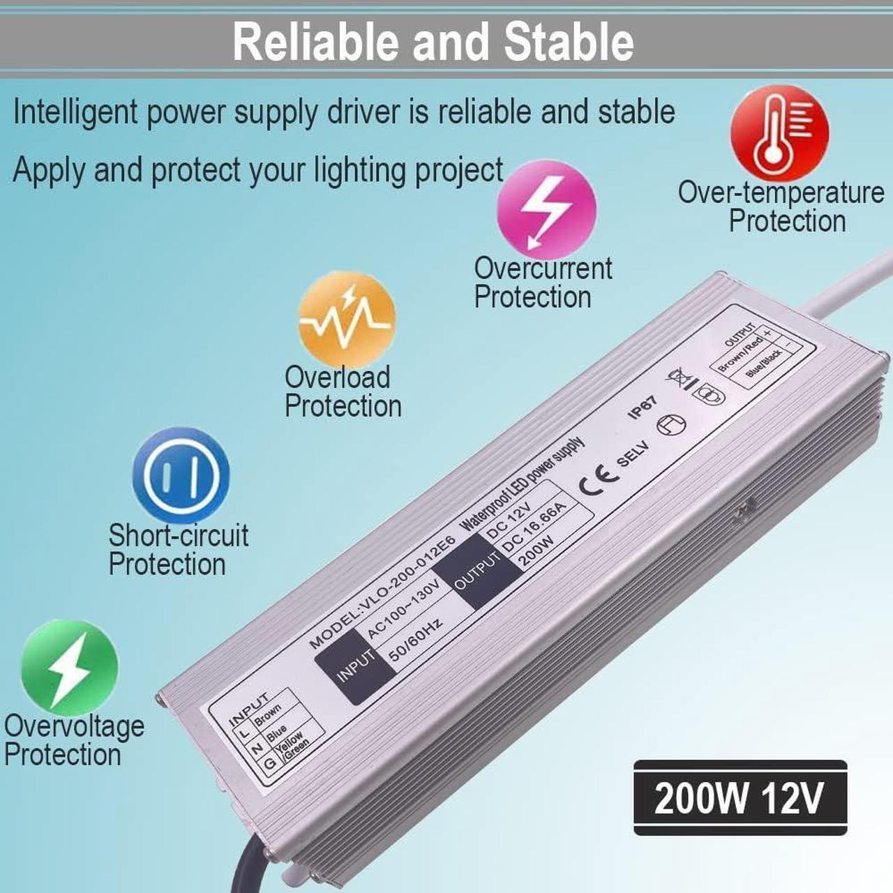 Alt view image 3 of 7 - 12V LED Power Supply 200W Low Voltage Transformer Adapter,AC90-130V to DC12V 16.66A 200 Watts LED Driver Waterproof IP67 for Indoor and Outdoor LED Lights Use