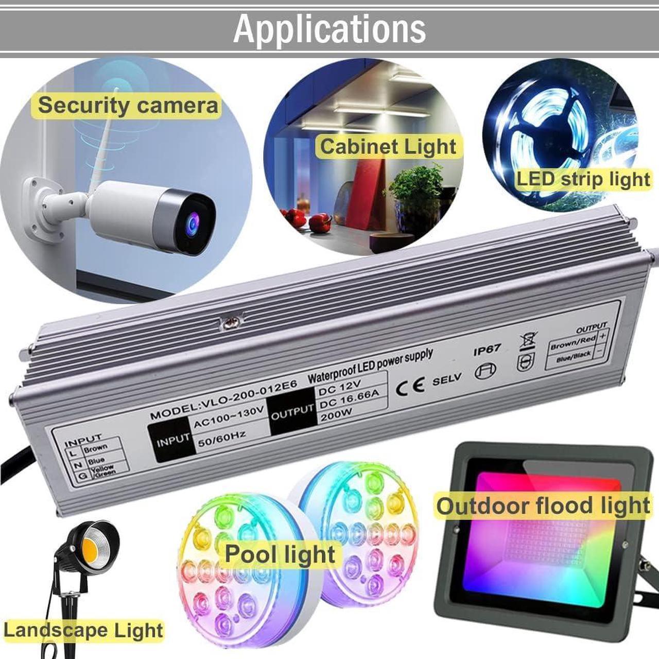 Alt view image 4 of 7 - 12V LED Power Supply 200W Low Voltage Transformer Adapter,AC90-130V to DC12V 16.66A 200 Watts LED Driver Waterproof IP67 for Indoor and Outdoor LED Lights Use