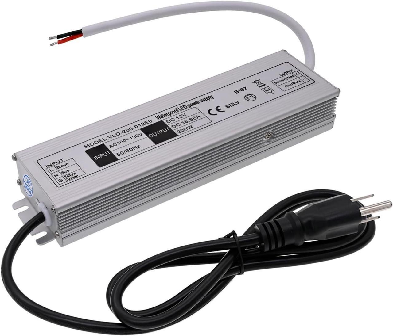 Main image of 12V LED Power Supply 200W Low Voltage Transformer Adapter,AC90-130V to DC12V 16.66A 200 Watts LED Driver Waterproof IP67 for Indoor and Outdoor LED Lights Use