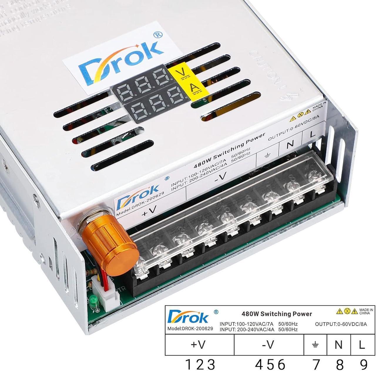 Alt view image 2 of 7 - 60V Power Supply, AC 110V 220V to DC 0-60V 8A 480W Buck Converter Dual Display, Variable Adjustable Adapter Regulated 5V 12V 24V 30V 36V 48V 60Volt Switching Voltage Transformer 3A 5A 8A Charger