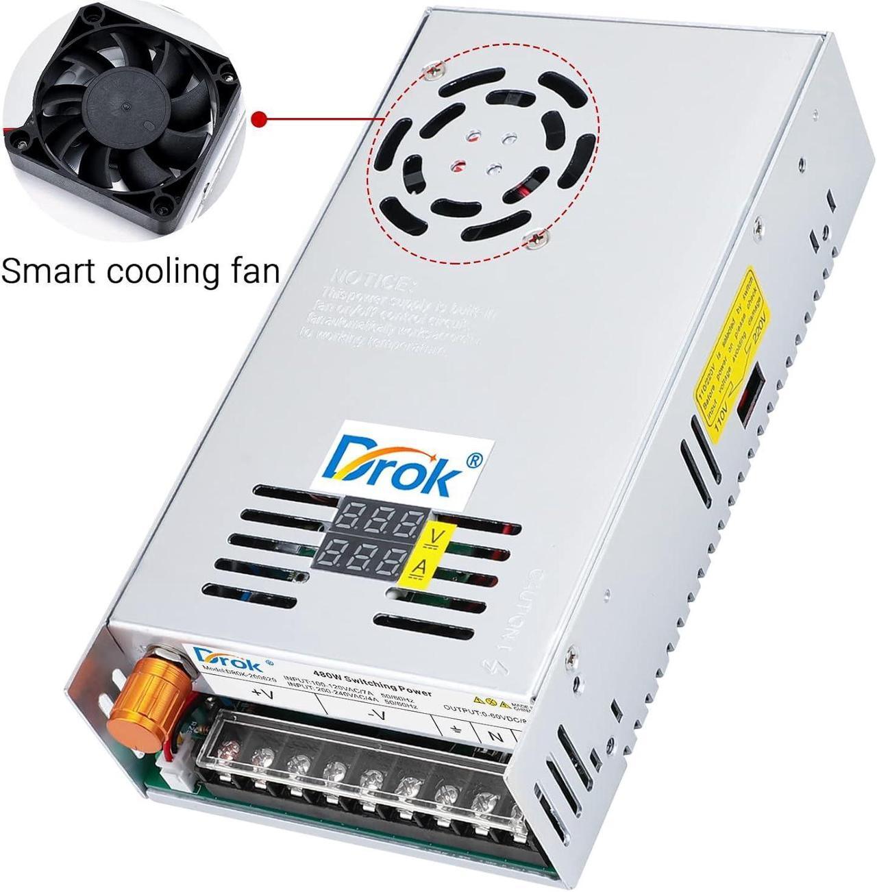 Alt view image 4 of 7 - 60V Power Supply, AC 110V 220V to DC 0-60V 8A 480W Buck Converter Dual Display, Variable Adjustable Adapter Regulated 5V 12V 24V 30V 36V 48V 60Volt Switching Voltage Transformer 3A 5A 8A Charger