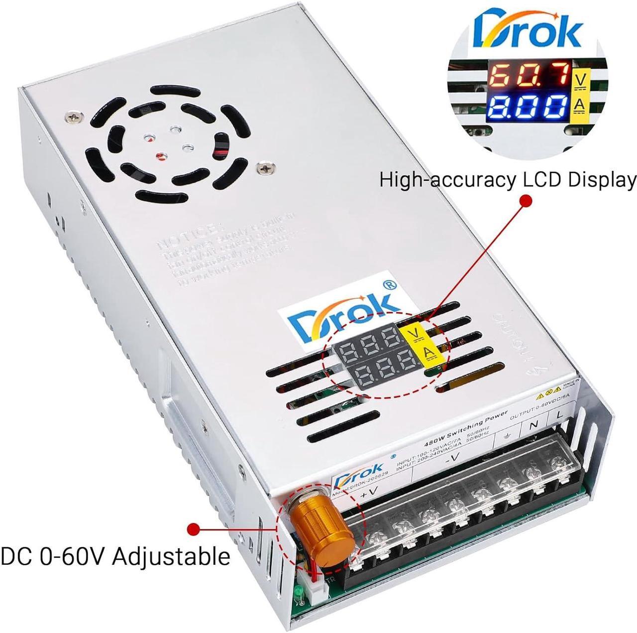 Alt view image 3 of 7 - 60V Power Supply, AC 110V 220V to DC 0-60V 8A 480W Buck Converter Dual Display, Variable Adjustable Adapter Regulated 5V 12V 24V 30V 36V 48V 60Volt Switching Voltage Transformer 3A 5A 8A Charger