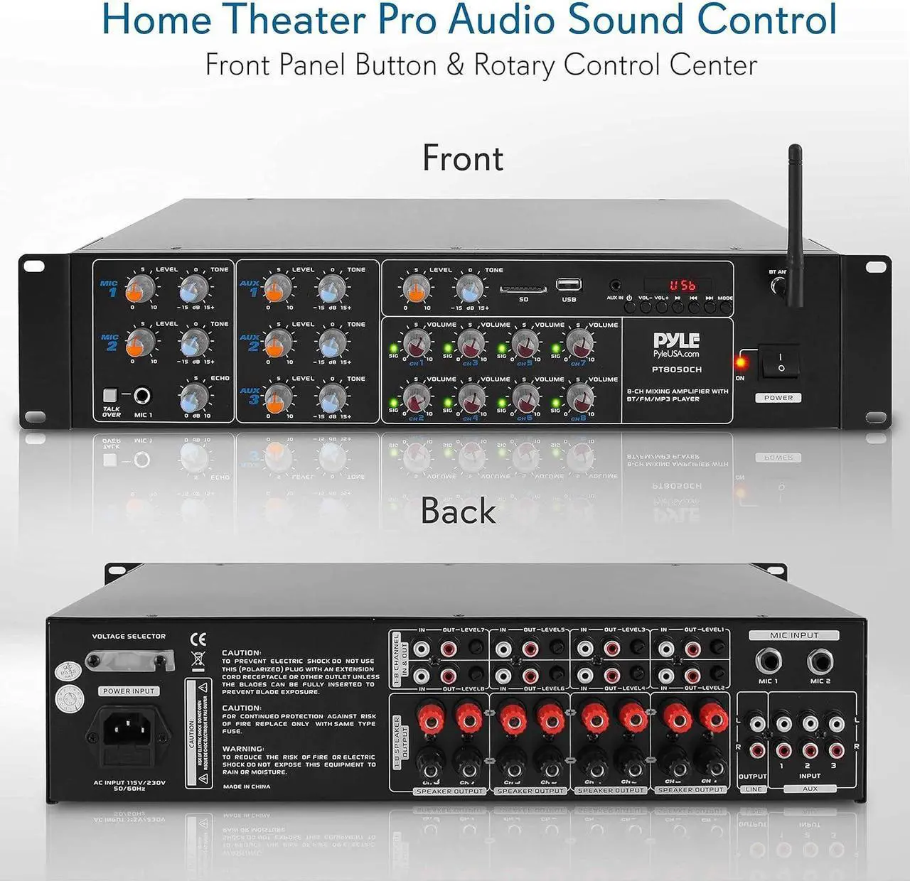 Alt view image 2 of 7 - Pyle 8-Channel Wireless Bluetooth Power Amplifier - 4000W Rack Mount Multi Zone Sound Mixer Audio Home Stereo Receiver Box System w/ RCA, USB, AUX - For Speaker, PA, Theater, Studio/Stage