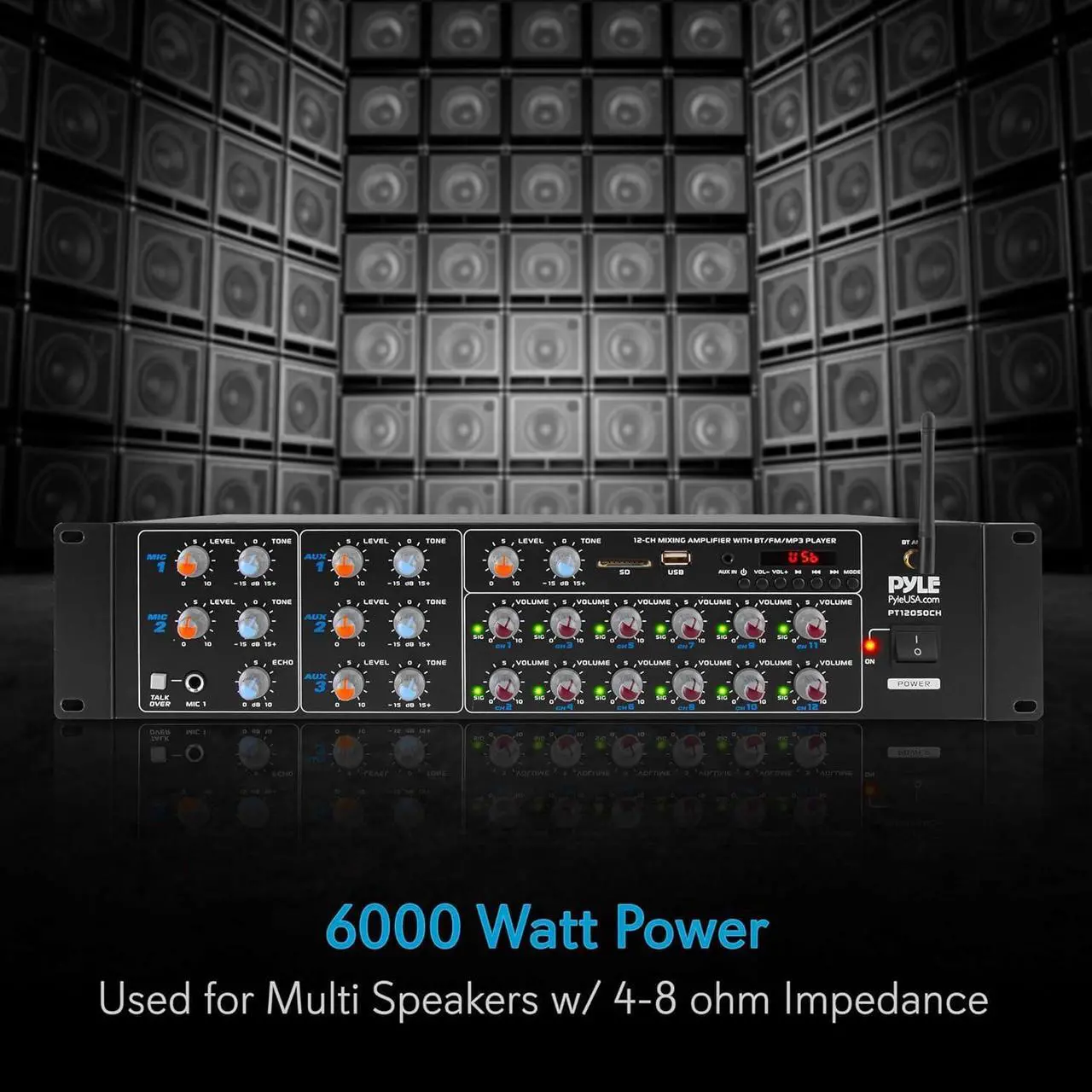 Alt view image 3 of 7 - Pyle 8-Channel Wireless Bluetooth Power Amplifier - 4000W Rack Mount Multi Zone Sound Mixer Audio Home Stereo Receiver Box System w/ RCA, USB, AUX - For Speaker, PA, Theater, Studio/Stage
