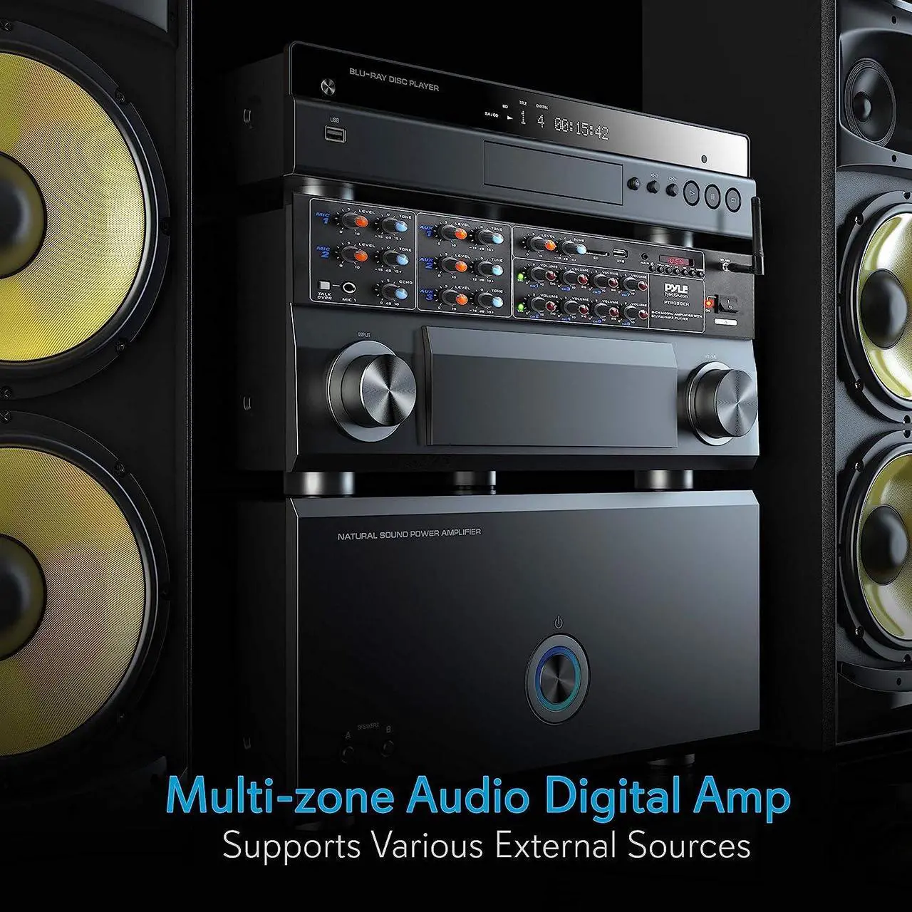Alt view image 5 of 7 - Pyle 8-Channel Wireless Bluetooth Power Amplifier - 4000W Rack Mount Multi Zone Sound Mixer Audio Home Stereo Receiver Box System w/ RCA, USB, AUX - For Speaker, PA, Theater, Studio/Stage