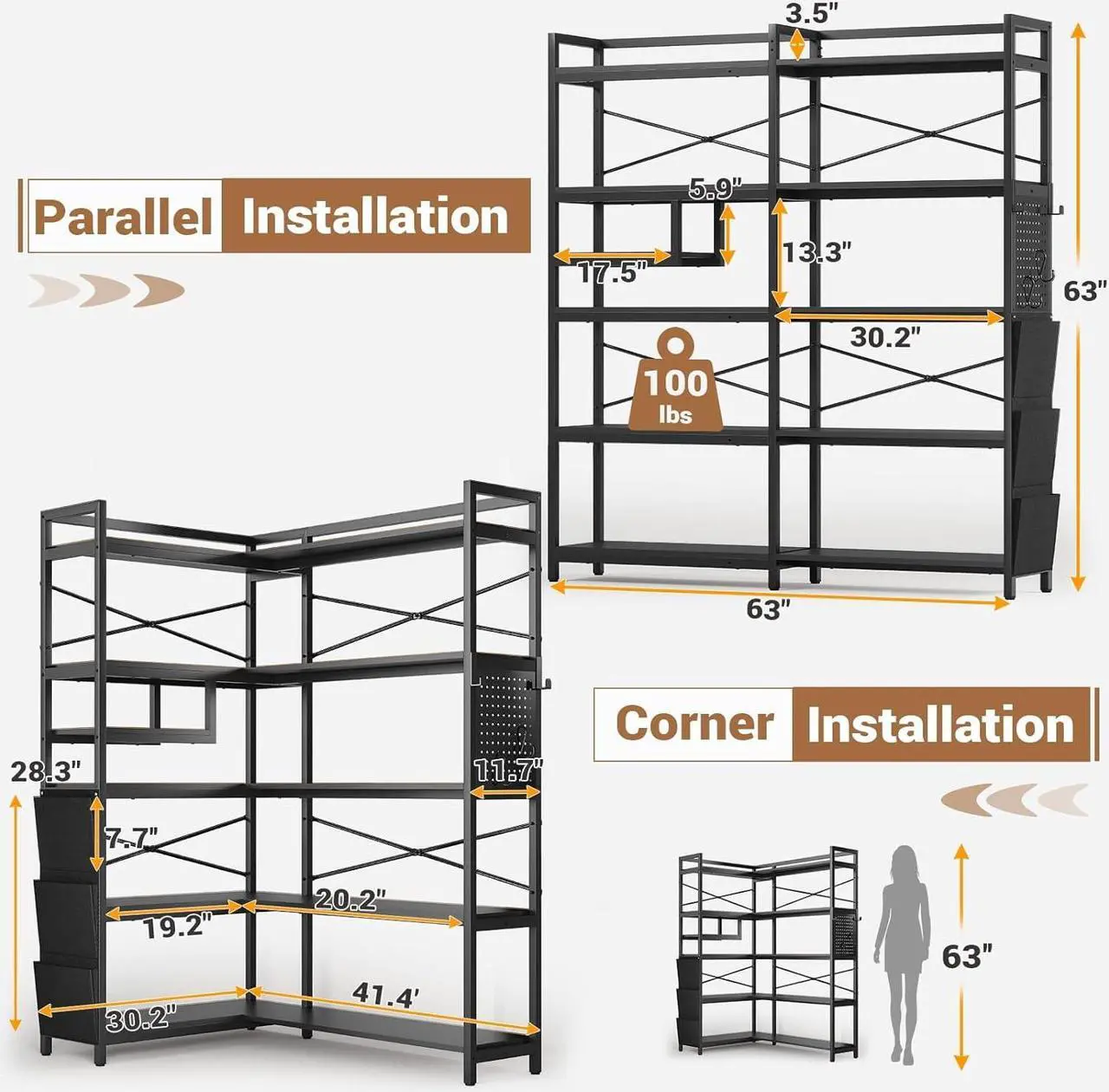 Alt view image 2 of 6 - Corner Bookshelf, Convertible 5-Tier Bookshelves with Storage or 63" W Bookcase, Tall Bookshelf with Pegboard, Storage Bag & LED Light for Bedroom, Black