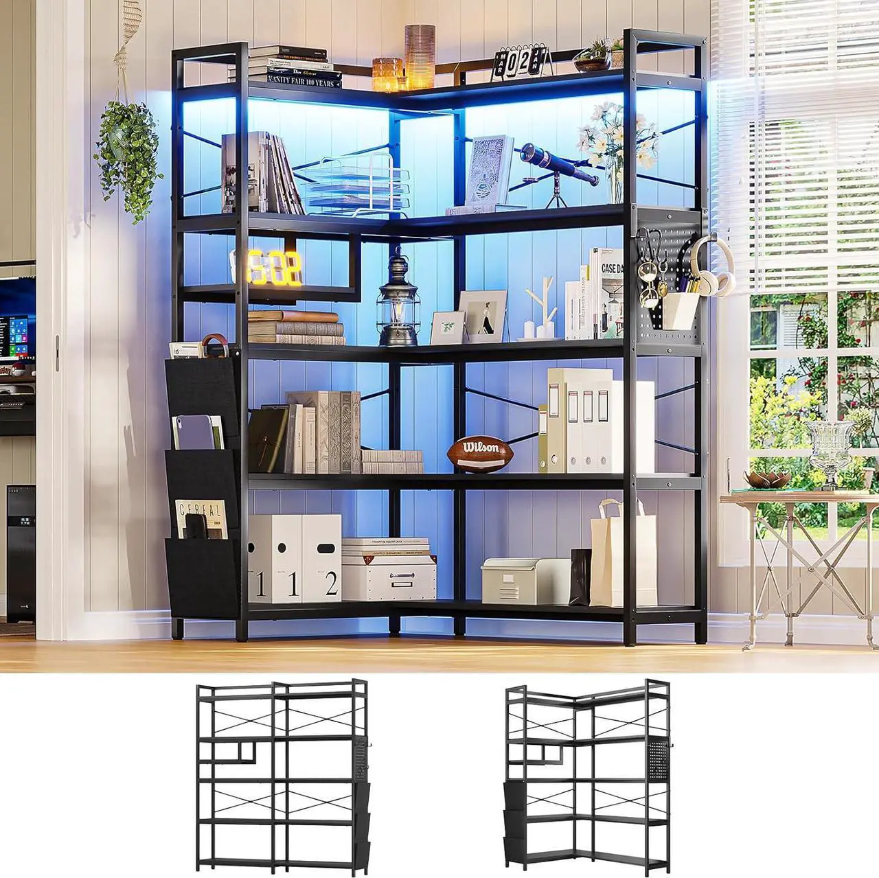 Main image of Corner Bookshelf, Convertible 5-Tier Bookshelves with Storage or 63" W Bookcase, Tall Bookshelf with Pegboard, Storage Bag & LED Light for Bedroom, Black
