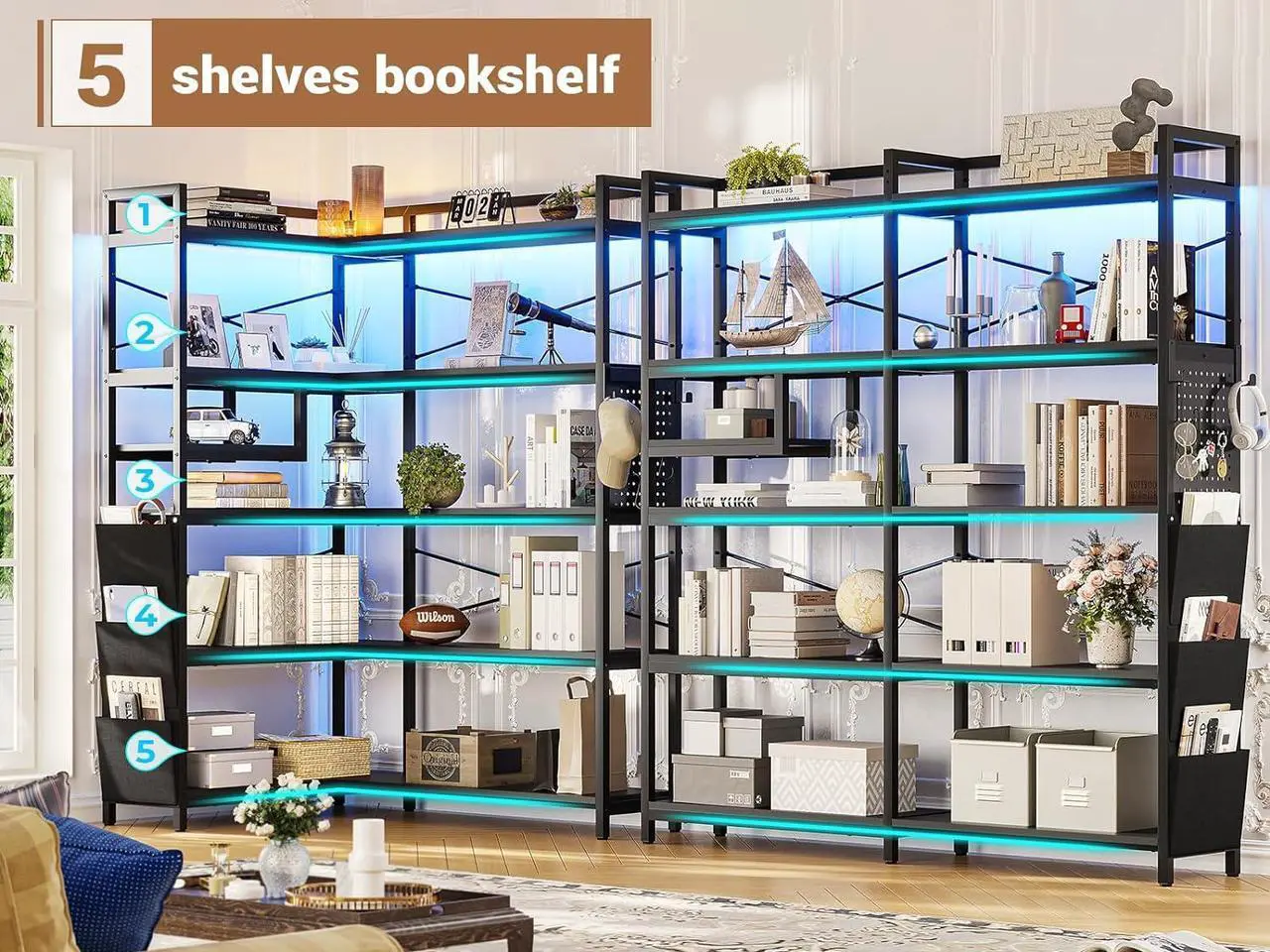 Alt view image 3 of 6 - Corner Bookshelf, Convertible 5-Tier Bookshelves with Storage or 63" W Bookcase, Tall Bookshelf with Pegboard, Storage Bag & LED Light for Bedroom, Black
